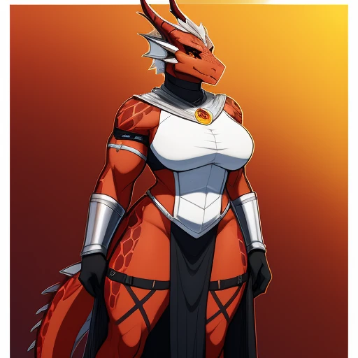 Tall_chubby_muscular_dragon female red_scaled_body spotted_scales yellow_irises black_sclera slit_pupils silver_gorget silver_bracers silver_greaves solo Masterpiece best_quality absurdres highly_detailed cleanly_drawn_eyes anthro_only by_claweddrip, by_greasymojo, by_underscore-b, by_runawaystride