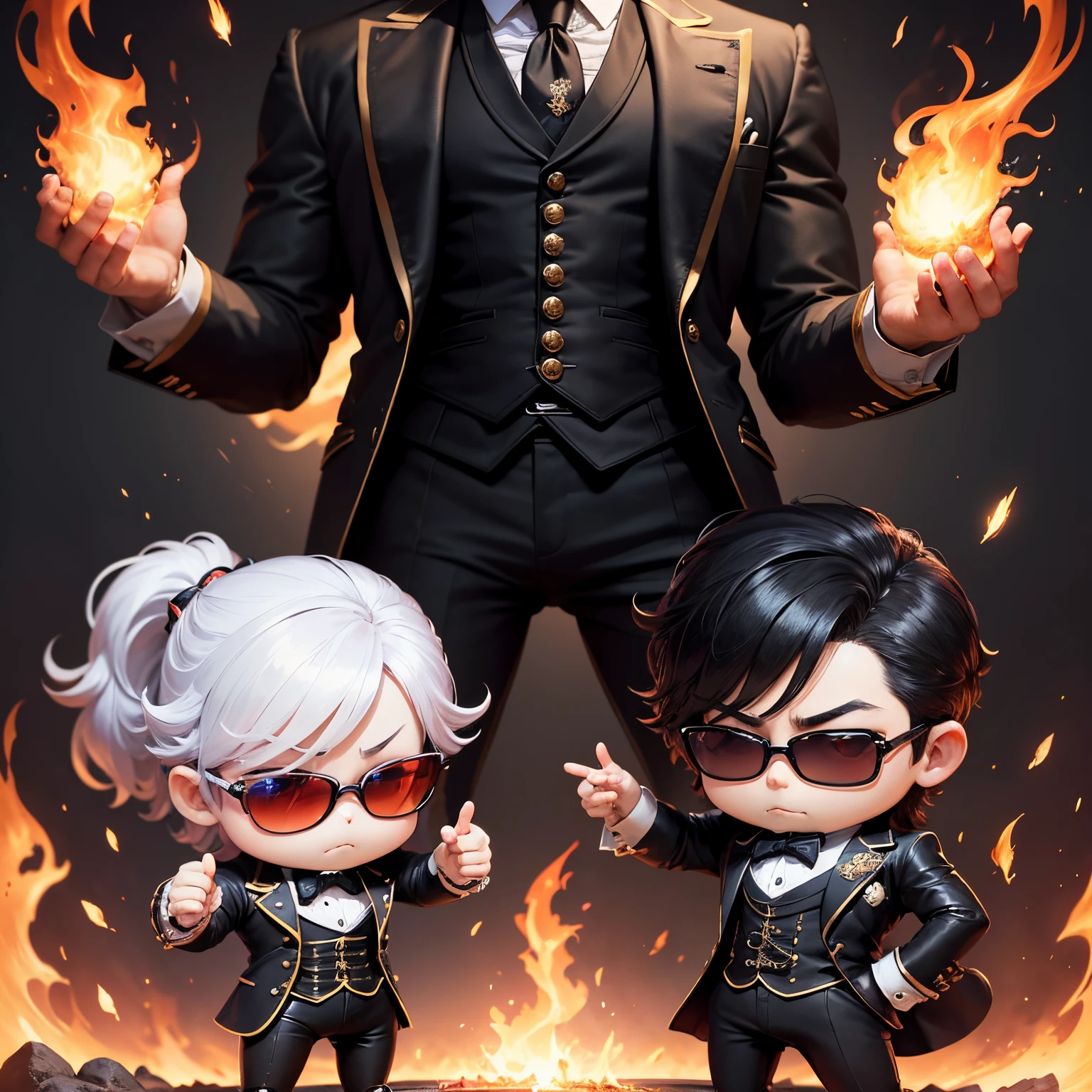 masterpiece、top-quality、ultra-detailliert、(chibi character dandyism:1.2),Black sunglasses,Dark Business Suit,fighting poses,Magic that causes flames to fly out of your hands and create a whirlpool....、Full-body standing figure、1 male chibi character