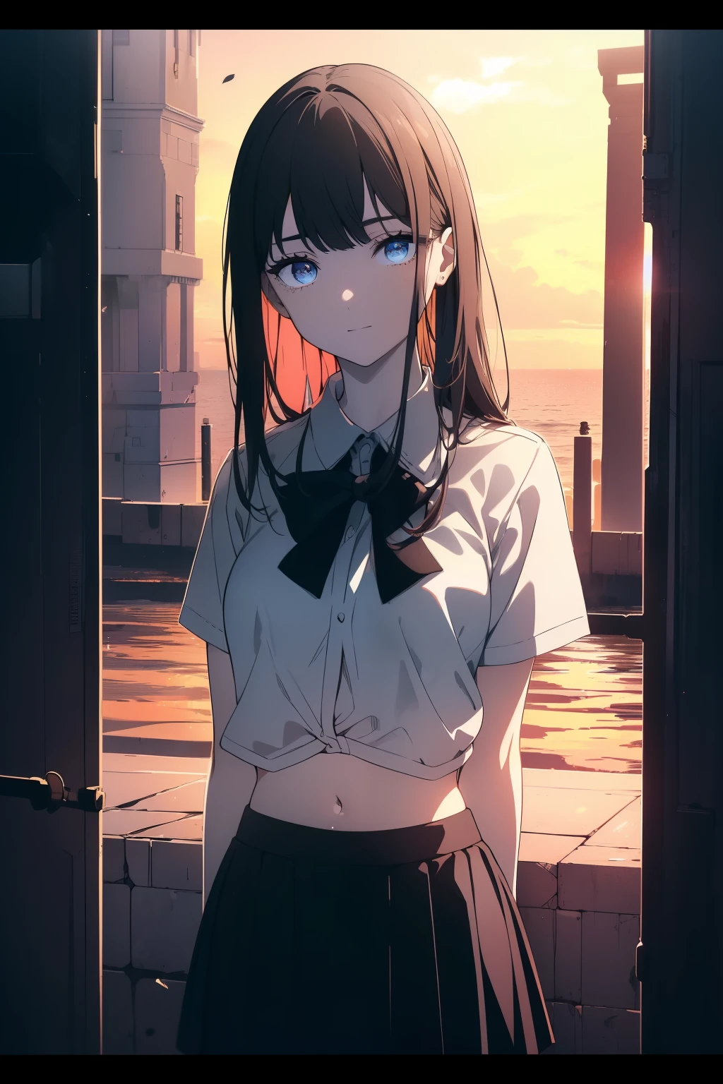 (((Obra maestra, La mejor calidad, ultrahigh resolution))), 1girl, standing, school uniform, white office shirt, black pleated skirt, ((light brown hair:0.7)), long hair cut, pale skin, ((blue eyes)), glowing_eyes, neon eyes, (((ultra detailed eyes, beautiful and detailed face, detailed eyes))), ((centered)), smile, ((wide shot)), facing viewer, eye level, (sunset background, massive detailed sun), flat chested, looking at viewer, ((half closed eyes)), ((perfect hands)), (((head, arms, hips, elbows, in view))), ((hands behind back)), empty eyes, beautiful lighting, outside, outdoors, shooting star:0.7, background, defined subject, 25 years old