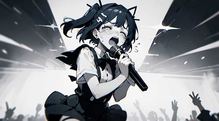Dressed in black、Anime girl wearing black and white hairpin, She has a cute and expressive face, A sad expression, My face hurts from crying, Ahegao, screaming and sad, holding microphone, [[[[Shed tears]]]]，Singing，In KTV，Wearing a black suspender skirt，Hold the microphone，[[Close your eyes]]，immersed，Shout Mai，head towards microphone
