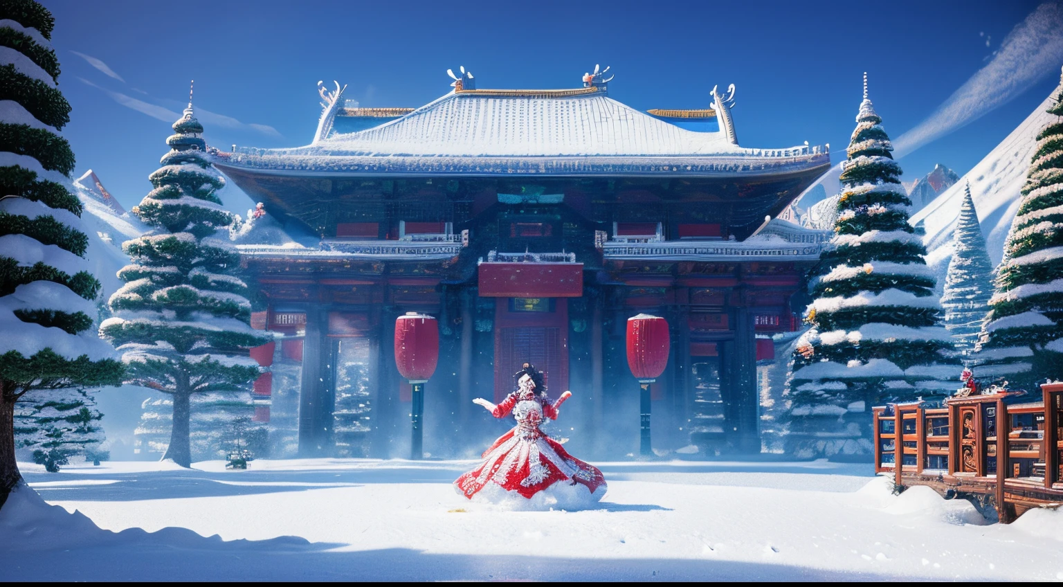 pixel game,scenography,Chinese style,Fairy tale scene in and snow world,Red Muti Wonderland,floating island beast, pixelart #pixelart
