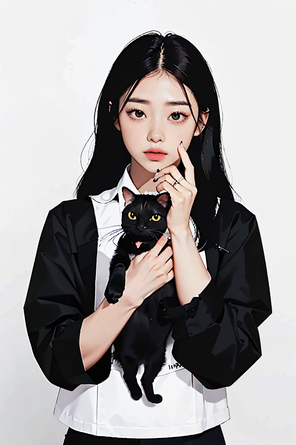 Holding a black cat、masterpiece、top-quality、girl with、White background、ulzzangs