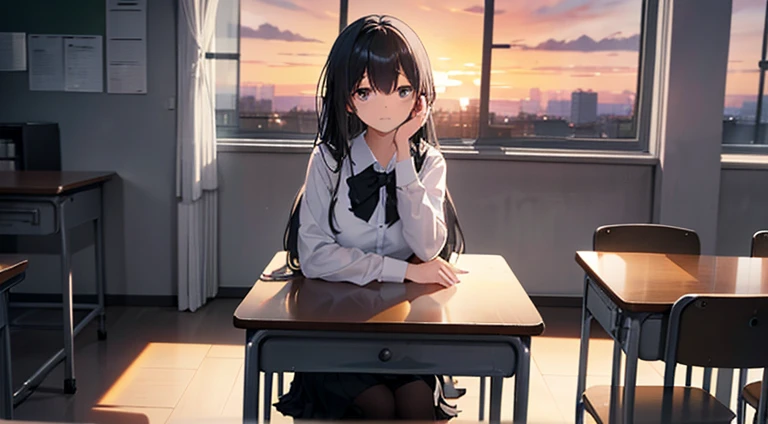 girl sitting alone in the classroom by the window, black long hairs,dressed in skirt and white blouse, the frame is overall and is actually far and next to the class entrance. the wide window shows the sunset outside. she looks at the desk, NOT at camera