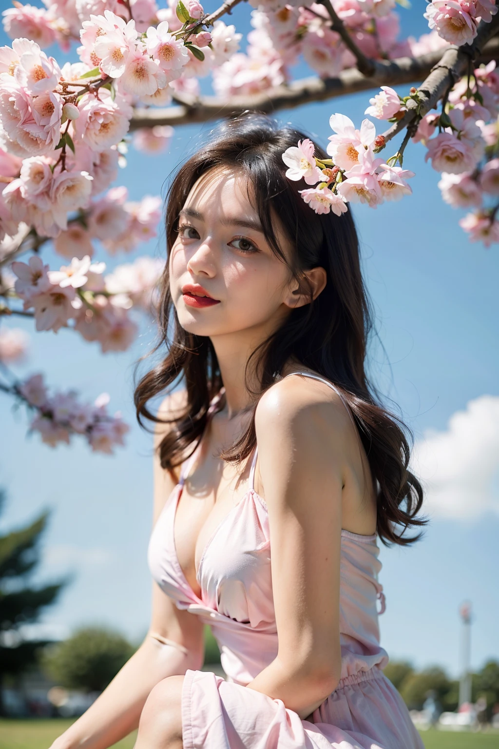 art by Cornflower, dream-like, cherrie_blossom flower, Fall_petals, petals, Branch, Pink_florals, 1个Giant Breast Girl,20yr old, blue_Skysky, springtime_(seasons), petals_Show on the_liquids, florals, hanami, a skirt, (Long curly blonde hair:1.5),Wearing a garland,Skysky, Outdoor activities, clouds, By bangs, ssmile, Pink_The eye, White dress with cherry blossoms, Bare bare_bshoulders, 耳Nipple Ring, ngel_florals, ventania, The tree, lookingat_Show on the_peeping at the viewer,cow boy shot,