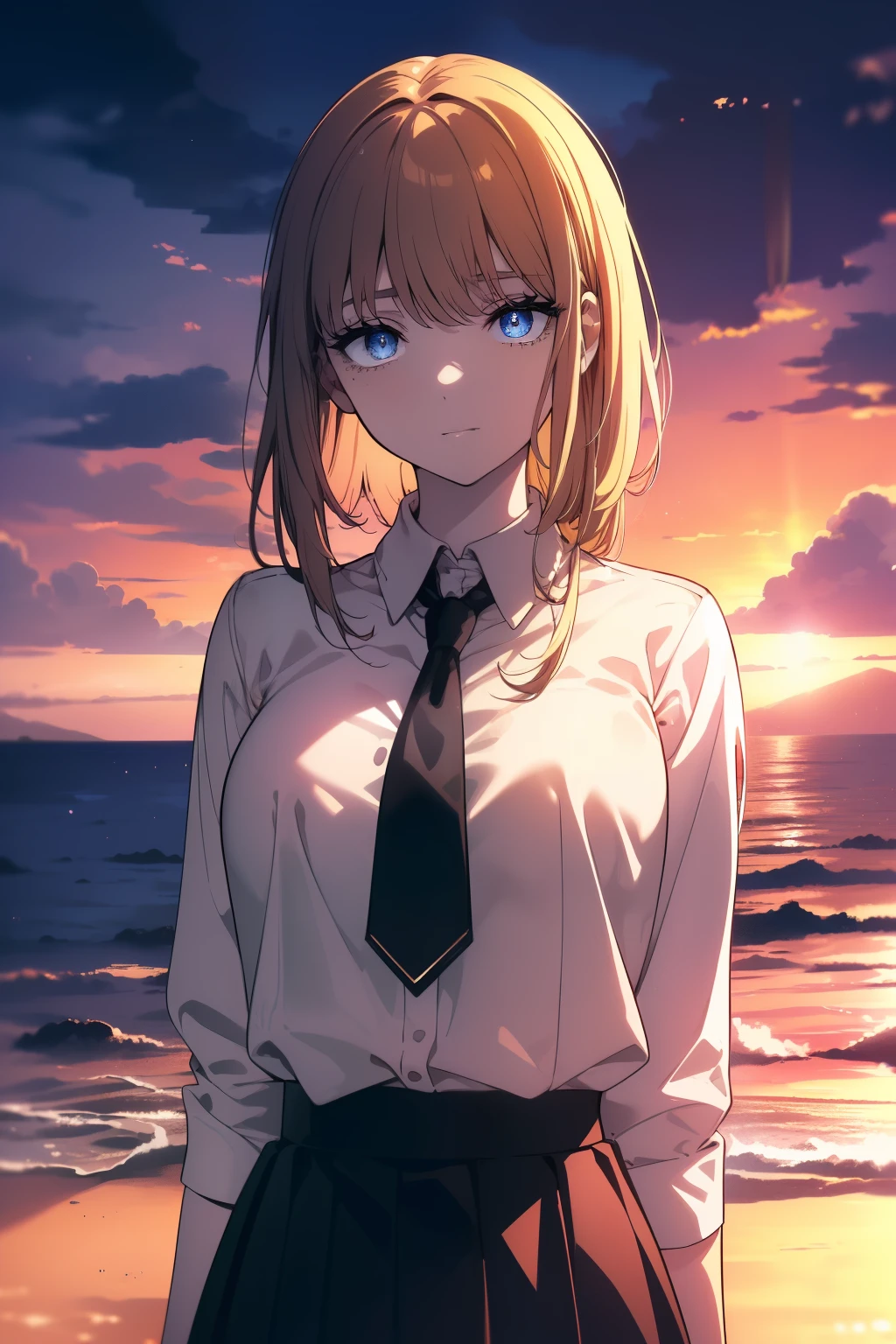 (((Obra maestra, La mejor calidad, ultrahigh resolution))), 1girl, standing, school uniform, white office shirt, black pleated skirt, ((light brown hair:0.7)), long hair cut, pale skin, ((blue eyes)), glowing_eyes, neon eyes, (((ultra detailed eyes, beautiful and detailed face, detailed eyes))), ((centered)), smile, ((wide shot)), facing viewer, eye level, (((sunset background, massive detailed sun))), , looking at viewer, ((half closed eyes)), ((perfect hands)), (((head, arms, , elbows, in view))), ((hands behind back)), empty eyes, beautiful lighting, outside, outdoors, shooting star:0.7, background, defined subject, 25 years old, ((open scenery background))