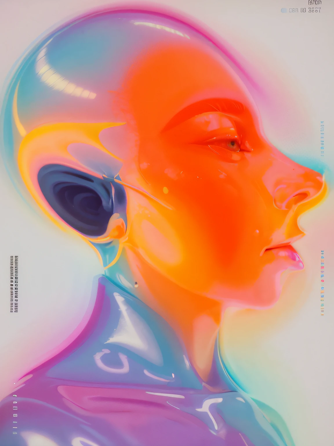 a poster with a man&#39;s head and neck in psychedelic style, cinza thorp, gradient iridescence colors, cyborg neck, arca album cover, formas de vida humanas interconectadas, Pedro Saville, capa do cd, latex flesh and facial muscles, Neon geometry, Surreal psychedelic design, psychedelic architecture, psychedelic aesthetic, psychedelic surreal art, vaporwave artwork composition, psychedelic illustration, Obra-prima estilo Vaporwave, Maximalismo maximalista Vaporwave, Vaporwave Maximalista, retro psychedelic illustration, Estilo Vaporwave, inspirado em Gustave Boulanger, Arte Vaporwave, whimsical and psychedelic