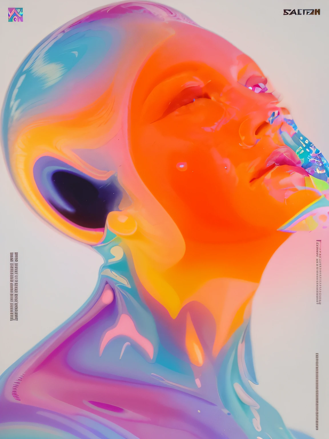 a poster with a man's head and neck in psychedelic style, cinza thorp, gradient iridescence colors, cyborg neck, arca album cover, formas de vida humanas interconectadas, Pedro Saville, capa do cd, latex flesh and facial muscles, Neon geometry, Surreal psychedelic design, psychedelic architecture, psychedelic aesthetic, psychedelic surreal art, vaporwave artwork composition, psychedelic illustration, Obra-prima estilo Vaporwave, Maximalismo maximalista Vaporwave, Vaporwave Maximalista, retro psychedelic illustration, Estilo Vaporwave, inspirado em Gustave Boulanger, Arte Vaporwave, whimsical and psychedelic