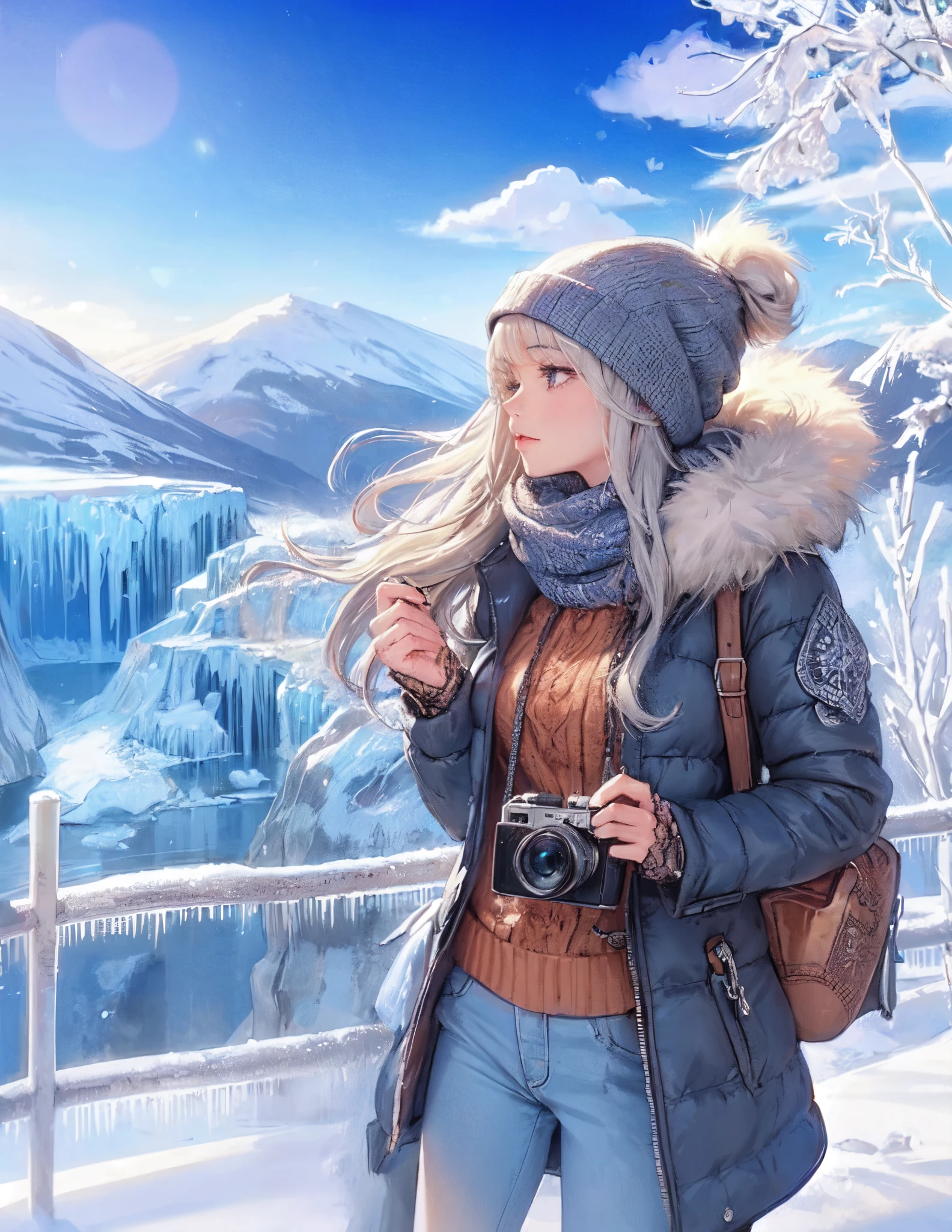1lady standing, /(stylish outfit/), mature female, /(silver blond hair/) bangs, (eyes sparkling with fascination), (masterpiece best quality:1.2) delicate illustration ultra-detailed, large breast BREAK (holding a camera) BREAK (secluded area covered in snoiant icefall)