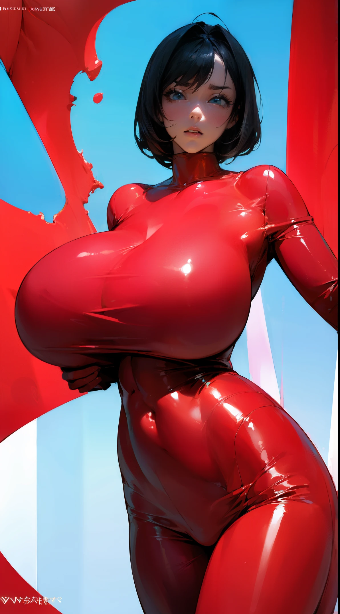 (humongous large breast:1.6),(tmasterpiece, Best quality),((High resolution 4K)), 1人の女性, own, with short black hair, Loose waves,blue rubber,Jointly,Front view, (Chai-ri, Arms back:1),Woman wearing blue tight rubber clothing,Get up,Raise your hand up,((humongous large breast)),(Surreal,)),((The waist very thin,(((raised position))),worried expressions,Rubber connection,Latex luster,All inclusive,Excitation,contours,Side shown,swelling