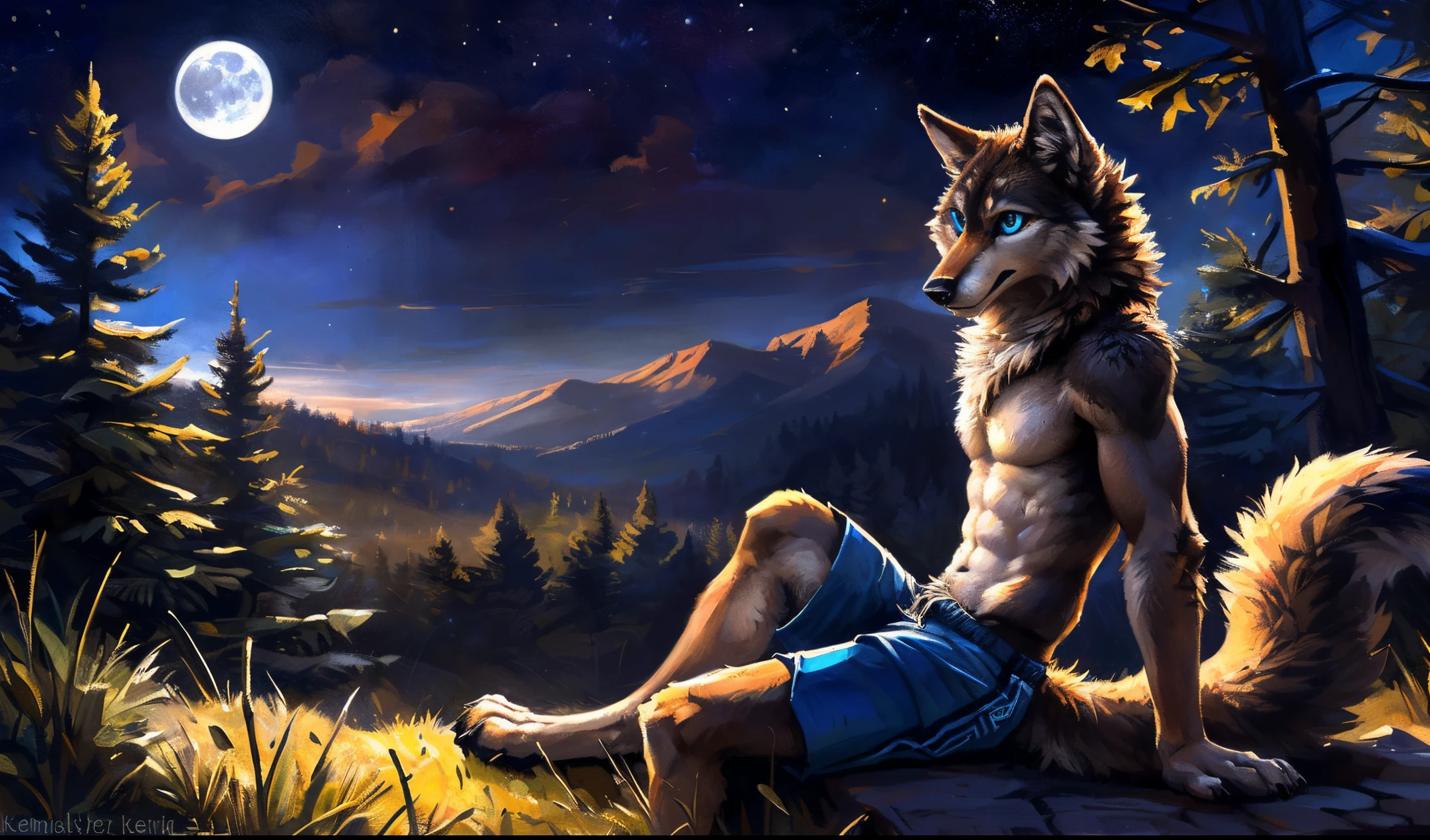 ((Solo)), male people, anthro wolf, (Multi-colored fur, White-brown:1.3, White tail pointed), (Height 2.1 meters,Tail length 1.5m), ((Wolf face, Big eyes, White eyelids, Blue pupil, Slim:1.2) (Tough, Calm expression:1.2)), Abs, Slim, pinging)), (Correct body anatomy), (Work shorts:1.1), The upper body is naked, (detailed outfits),A long big tail，(Realistic fur, Detailed fur texture, labeled:1.3)), (Natural lighting), Photorealistic, Hyperrealistic, ultradetailed, by Kenket，the night，Sit alone，Forest，Look at the full moon，It was dark，Starry