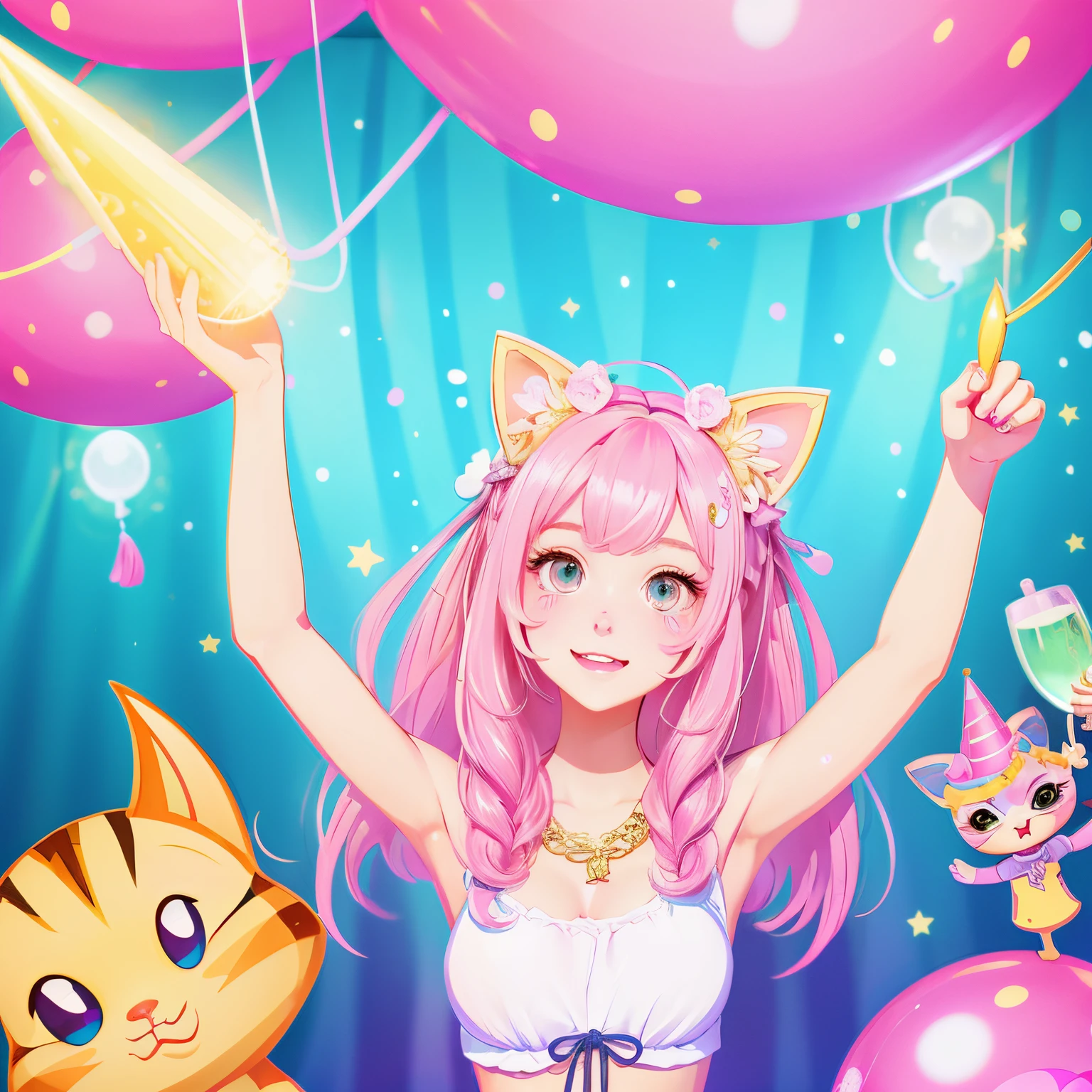 Bright party venue、Pink hair in girls、Cat's ears、Golden Eyes、secondary character style、Cartoonish illustrations