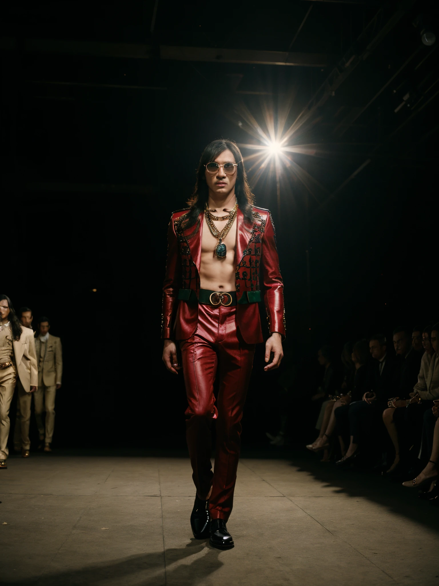 german, beautiful asian fashion model, (1 male), angry, ((gucci:1.2)), luxury wear, f/w season, avant-garde, in fashion show runway, stage, anamorphic lens flare, photorealistic, cinematic lighting, dark atmosphere, volumetric lighting, action pose, epic scene, gucci advertising, gucci campaign