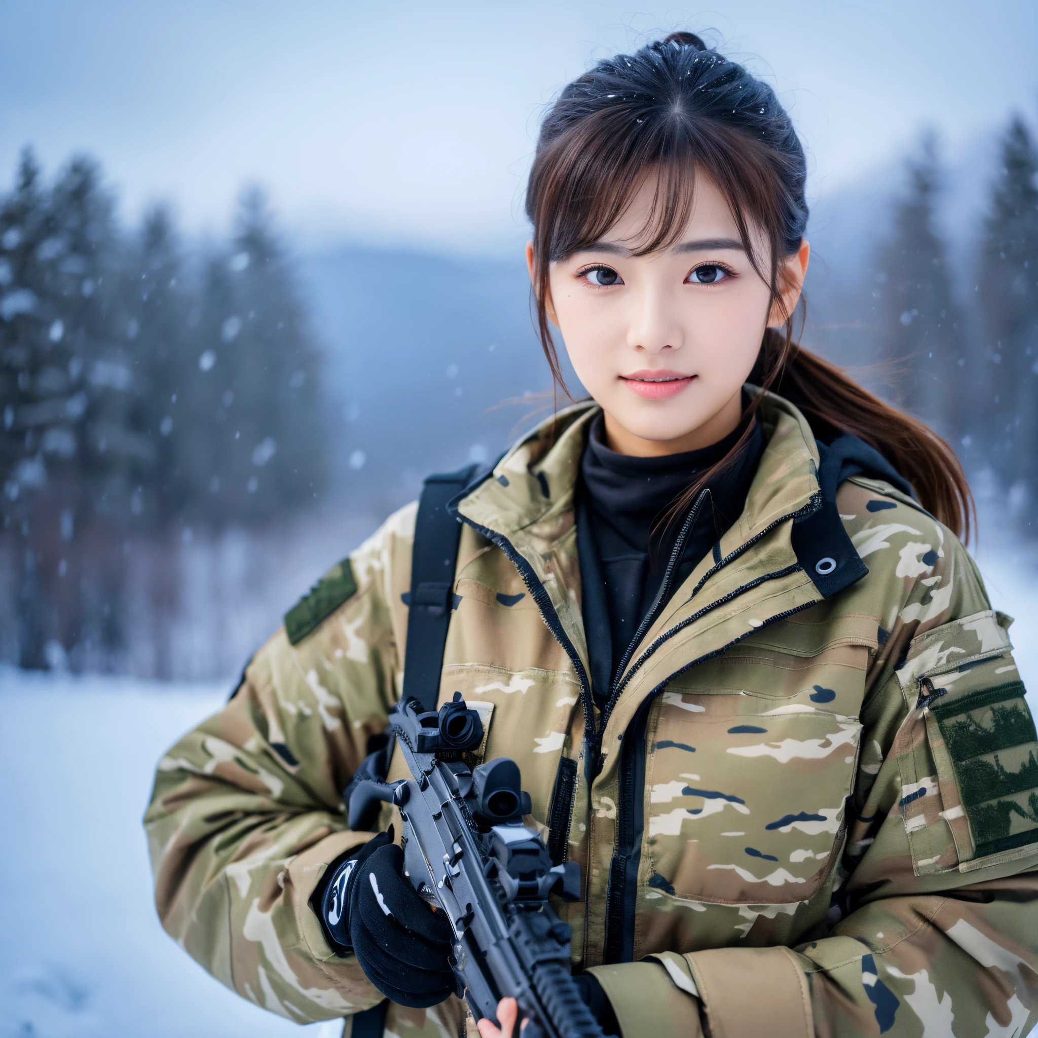 Beautiful tall woman with very attractive military outfit with big chests holding an M4 in a snow scenery white camouflage clothes of better quality and better effects better shadows better lighting 8k