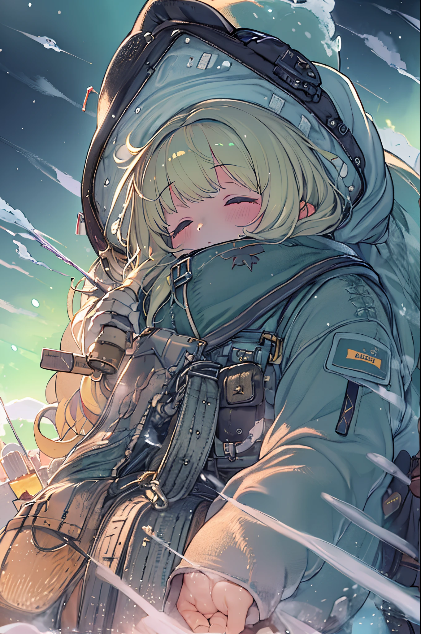 masutepiece、One girl、Winter gear、Antarctic base、bw looking up at the aurora,In a sleeping bag、Are sleeping