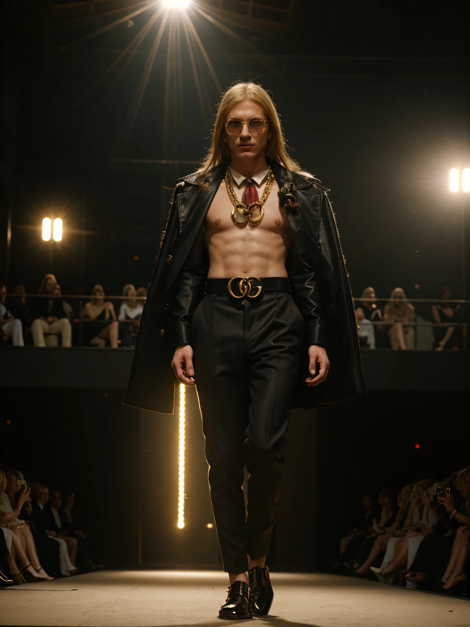 german, beautiful blonde fashion model, (1 male), angry, ((gucci:1.2)), luxury gold wear, f/w season, in fashion show runway, stage, anamorphic lens flare, photorealistic, cinematic lighting, dark atmosphere, volumetric lighting, action pose, epic scene, gucci advertising, gucci campaign