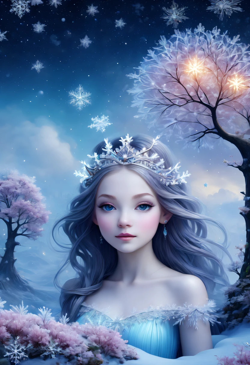 The princess's face appears in the air,winter landscape,Surreal wonderland,Dreamy cloud and fairy island,(Big snowflakes:1.3),Colorful big snowflakes are flying,A princess'The palace is covered with snow,The tree of life blooms with endless vitality,Twinkling stars in the night sky,Overlapping clouds and fog,Whimsical fantasy landscape art, Beautiful Art Ultra HD 8K, 8K highly detailed digital art, beautiful detailed fantasy, epic dreamlike fantasy landscape, Mysterious and dreamy scenery, Magic fantasy is very detailed, magical scenery, Made up of big snowflakes and dreamy floating fairy islands, detailed fantasy digital art, 8K detailed digital art