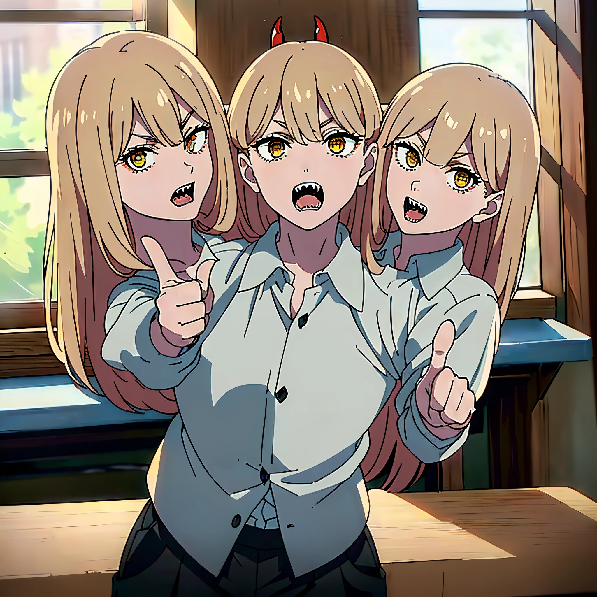 (3heads:1.9), masterpiece, (ultra detailed background, delicate pattern, intricate detail), (highly detailed, fine detailest quality, beautiful lighting, csm anime style, PowerV2, 1girl, solo, long hair, blonde hair, red horns, cross-shaped pupils, ( symbol-shaped pupils, hyperdetailed eyes, hyperdetailed pupils), yellow eyes, ((white shirt, collared shirt, black pants)), sharp teeth, complex detailed backgroubdm inside, window, dark lighting, medium hair, business suit, suit, open mouth , (pointing finger at viewer:1.5), ((cowbot shot)),