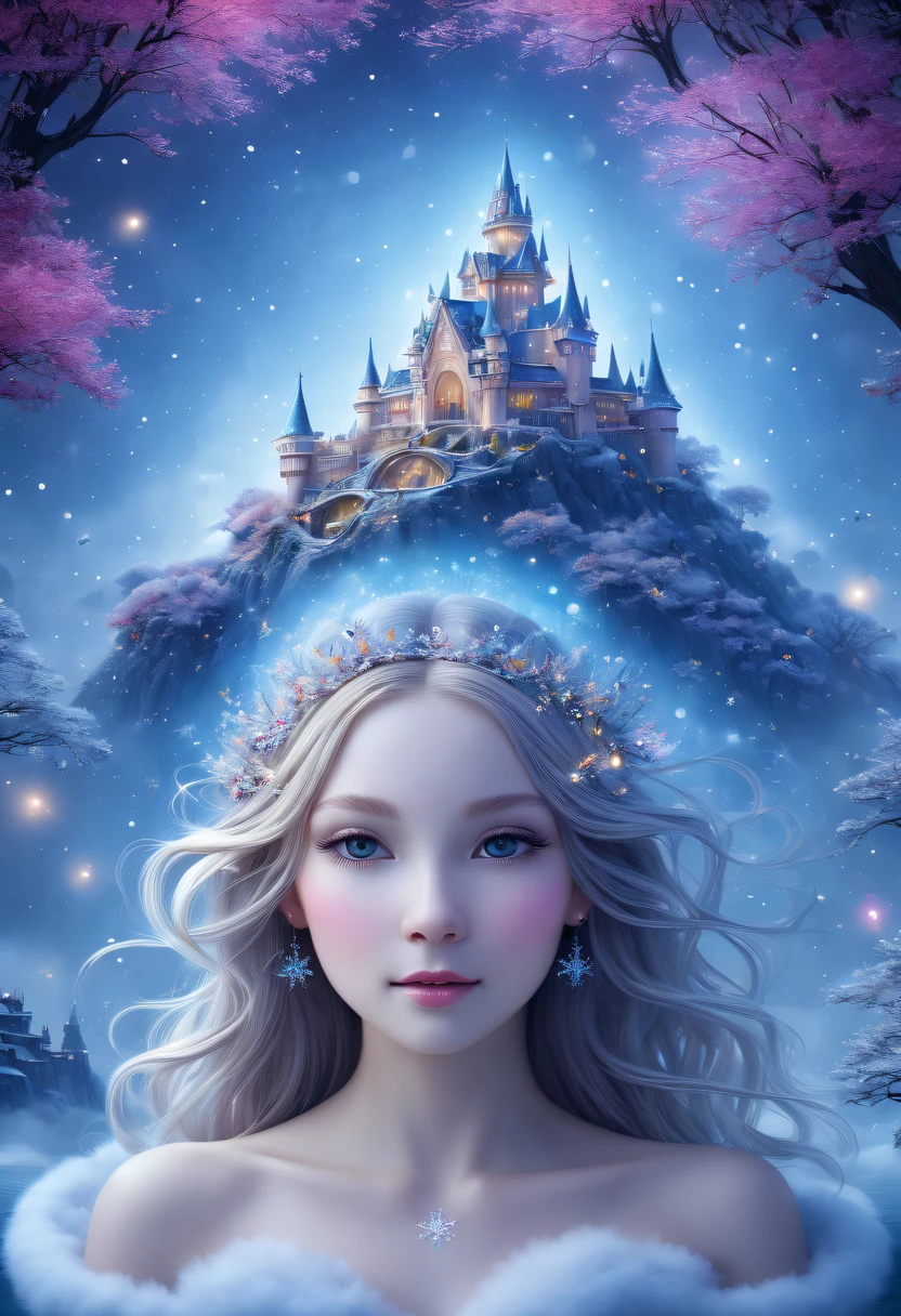 The princess's face appears in the air,winter landscape,Surreal wonderland,Dreamy cloud and fairy island,(Big snowflakes:1.3),Colorful big snowflakes are flying,A princess'The palace is covered with snow,The tree of life blooms with endless vitality,Twinkling stars in the night sky,Overlapping clouds and fog,Whimsical fantasy landscape art, Beautiful Art Ultra HD 8K, 8K highly detailed digital art, beautiful detailed fantasy, epic dreamlike fantasy landscape, Mysterious and dreamy scenery, Magic fantasy is very detailed, magical scenery, Made up of big snowflakes and dreamy floating fairy islands, detailed fantasy digital art, 8K detailed digital art