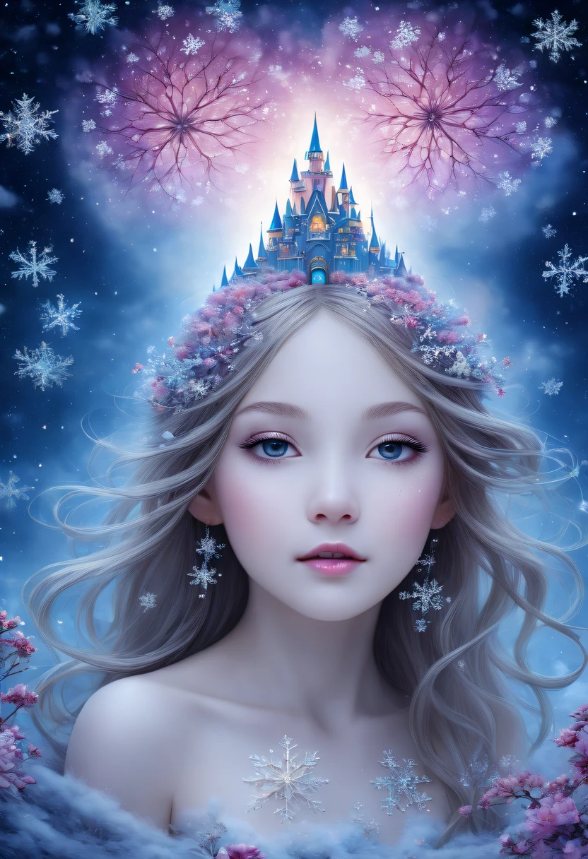 The princess&#39;s face appears in the air，winter landscape，Surreal wonderland，Dreamy cloud and fairy island，(Big snowflakes:1.3)，Colorful big snowflakes are flying，A princess&#39;The palace is covered with snow，The tree of life blooms with endless vitality，Twinkling stars in the night sky，Overlapping clouds and fog，Whimsical fantasy landscape art, Beautiful Art Ultra HD 8K, 8K highly detailed digital art, beautiful detailed fantasy, epic dreamlike fantasy landscape, Mysterious and dreamy scenery, Magic fantasy is very detailed, magical scenery, Made up of big snowflakes and dreamy floating fairy islands, detailed fantasy digital art, 8K detailed digital art