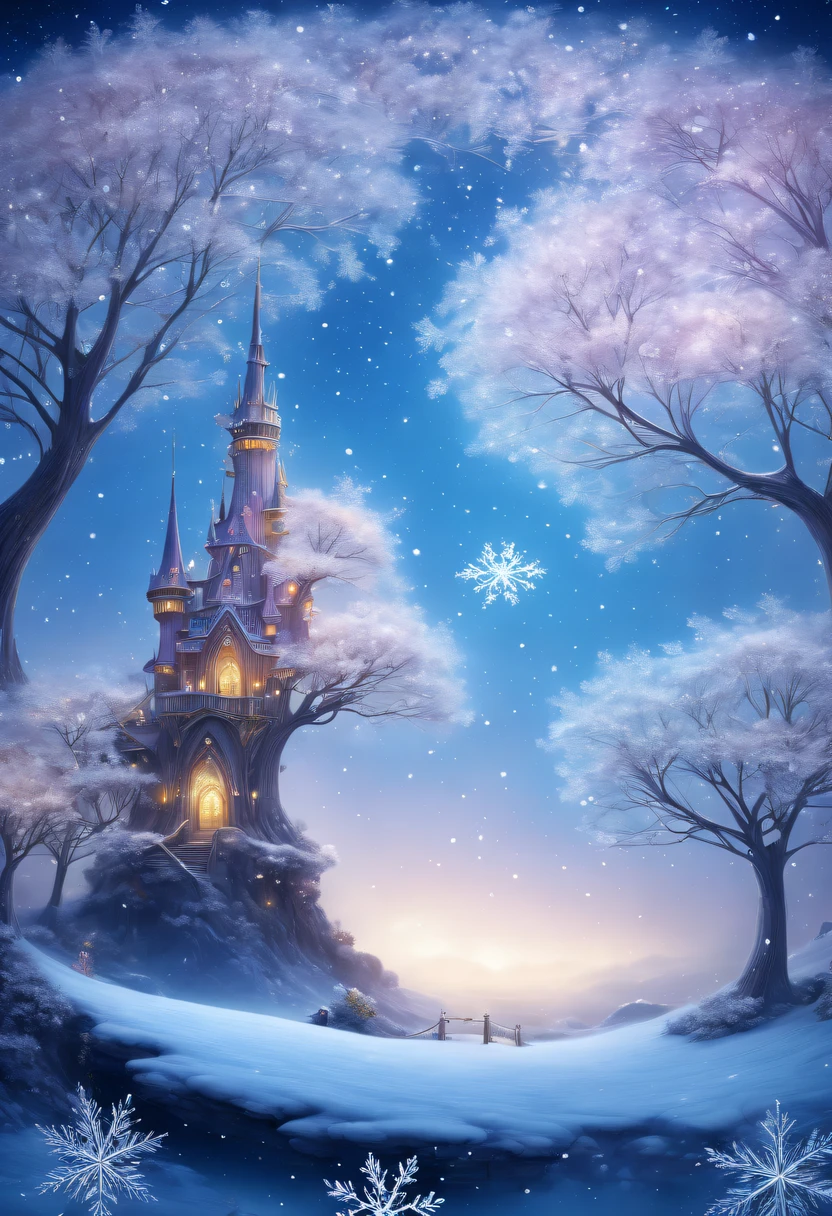 The princess's face appears in the air,winter landscape,Surreal wonderland,Dreamy cloud and fairy island,(Big snowflakes:1.3),Colorful big snowflakes are flying,A princess'The palace is covered with snow,The tree of life blooms with endless vitality,Twinkling stars in the night sky,Overlapping clouds and fog,Whimsical fantasy landscape art, Beautiful Art Ultra HD 8K, 8K highly detailed digital art, beautiful detailed fantasy, epic dreamlike fantasy landscape, Mysterious and dreamy scenery, Magic fantasy is very detailed, magical scenery, Made up of big snowflakes and dreamy floating fairy islands, detailed fantasy digital art, 8K detailed digital art