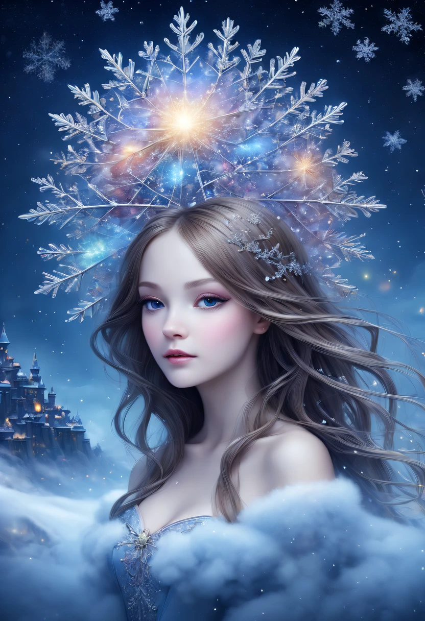 The princess's face appears in the air,winter landscape,Surreal wonderland,Dreamy cloud and fairy island,(Big snowflakes:1.3),Colorful big snowflakes are flying,A princess'The palace is covered with snow,The tree of life blooms with endless vitality,Twinkling stars in the night sky,Overlapping clouds and fog,Whimsical fantasy landscape art, Beautiful Art Ultra HD 8K, 8K highly detailed digital art, beautiful detailed fantasy, epic dreamlike fantasy landscape, Mysterious and dreamy scenery, Magic fantasy is very detailed, magical scenery, Made up of big snowflakes and dreamy floating fairy islands, detailed fantasy digital art, 8K detailed digital art