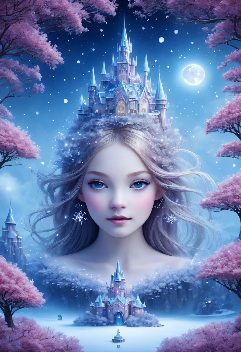 The princess&#39;s face appears in the air，winter landscape，Surreal wonderland，Dreamy cloud and fairy island，(Big snowflakes:1.3)，Colorful big snowflakes are flying，A princess&#39;The palace is covered with snow，The tree of life blooms with endless vitality，Twinkling stars in the night sky，Overlapping clouds and fog，Whimsical fantasy landscape art, Beautiful Art Ultra HD 8K, 8K highly detailed digital art, beautiful detailed fantasy, epic dreamlike fantasy landscape, Mysterious and dreamy scenery, Magic fantasy is very detailed, magical scenery, Made up of big snowflakes and dreamy floating fairy islands, detailed fantasy digital art, 8K detailed digital art