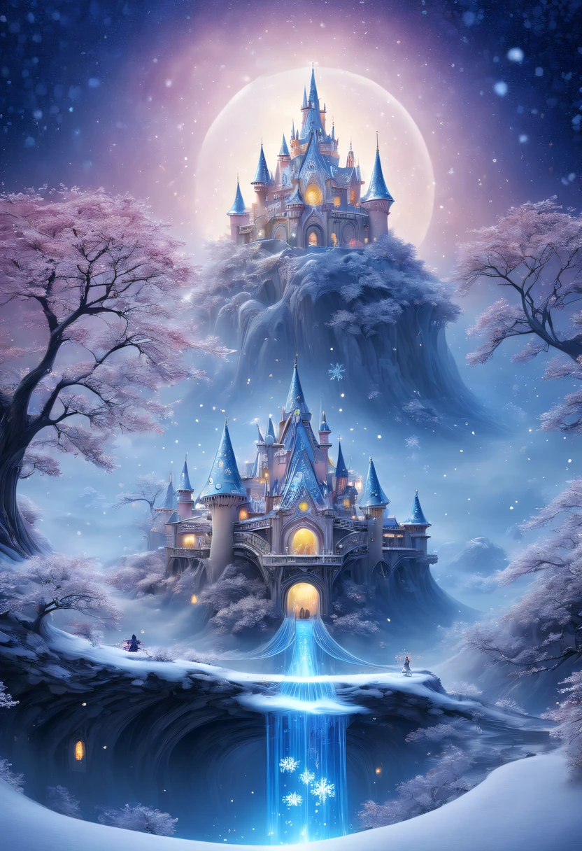 The princess's face appears in the air,winter landscape,Surreal wonderland,Dreamy cloud and fairy island,(Big snowflakes:1.3),Colorful big snowflakes are flying,A princess'The palace is covered with snow,The tree of life blooms with endless vitality,Twinkling stars in the night sky,Overlapping clouds and fog,Whimsical fantasy landscape art, Beautiful Art Ultra HD 8K, 8K highly detailed digital art, beautiful detailed fantasy, epic dreamlike fantasy landscape, Mysterious and dreamy scenery, Magic fantasy is very detailed, magical scenery, Made up of big snowflakes and dreamy floating fairy islands, detailed fantasy digital art, 8K detailed digital art