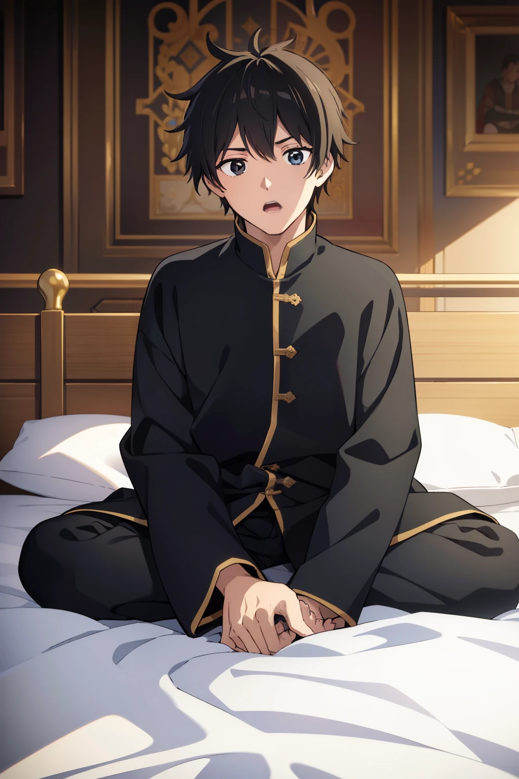 (high quality, ultra detailed), anime character,  man, medieval noble sleepwear, messy black hair, black eyes, surprised expression, sitting on a medieval noble bed