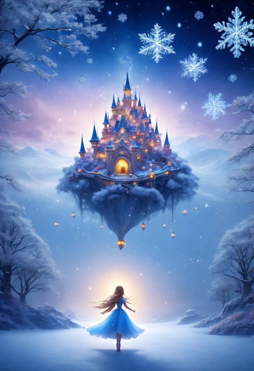 The princess's face appears in the air,winter landscape,Surreal wonderland,Dreamy cloud and fairy island,(Big snowflakes:1.3),Colorful big snowflakes are flying,A princess'The palace is covered with snow,The tree of life blooms with endless vitality,Twinkling stars in the night sky,Overlapping clouds and fog,Whimsical fantasy landscape art, Beautiful Art Ultra HD 8K, 8K highly detailed digital art, beautiful detailed fantasy, epic dreamlike fantasy landscape, Mysterious and dreamy scenery, Magic fantasy is very detailed, magical scenery, Made up of big snowflakes and dreamy floating fairy islands, detailed fantasy digital art, 8K detailed digital art