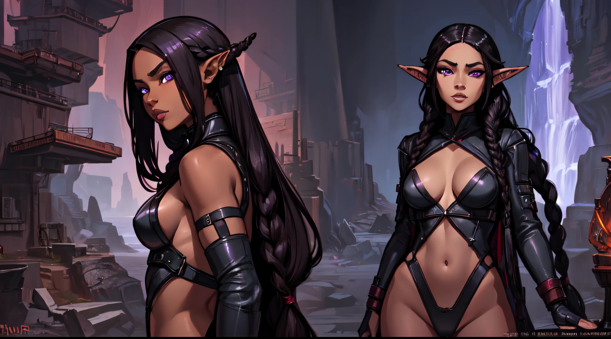 (Concept Art) of an (African-American) female, with long dark (black braids), purple eyes, dark (brown skin), (pointed ears), (slutty assassin), (sexy) black attire, (lust) demon, (Sci-fi) fantasy, (medium shot), perfect composition, 4K, high quality, (perfect eyes), trending art, sharp focus, studio photo, (Pin-up) pose
