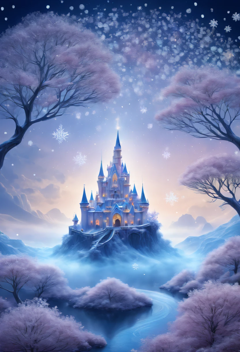 The princess's face appears in the air,winter landscape,Surreal wonderland,Dreamy cloud and fairy island,(Big snowflakes:1.3),Colorful big snowflakes are flying,A princess'The palace is covered with snow,The tree of life blooms with endless vitality,Twinkling stars in the night sky,Overlapping clouds and fog,Whimsical fantasy landscape art, Beautiful Art Ultra HD 8K, 8K highly detailed digital art, beautiful detailed fantasy, epic dreamlike fantasy landscape, Mysterious and dreamy scenery, Magic fantasy is very detailed, magical scenery, Made up of big snowflakes and dreamy floating fairy islands, detailed fantasy digital art, 8K detailed digital art
