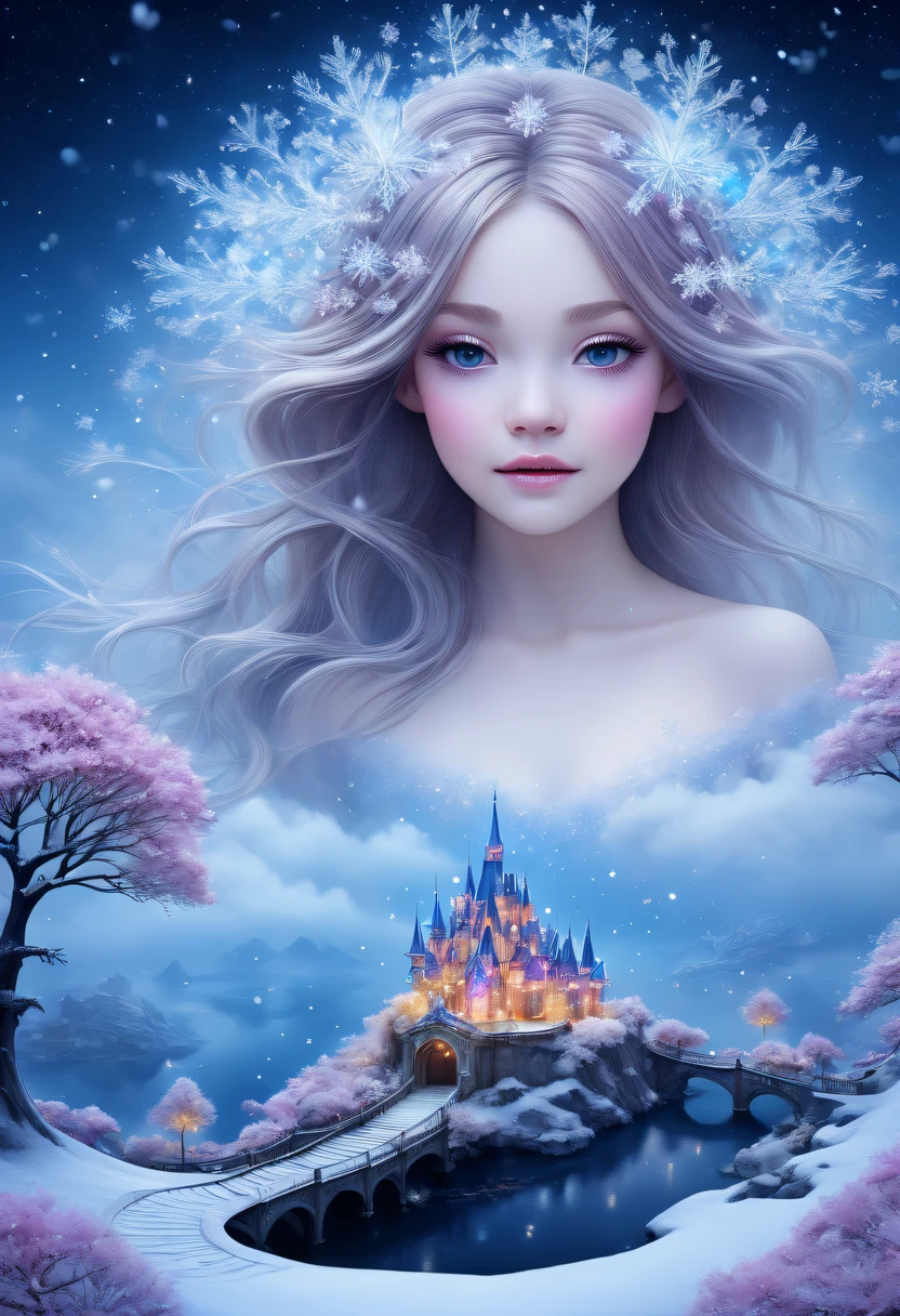 The princess's face appears in the air,winter landscape,Surreal wonderland,Dreamy cloud and fairy island,(Big snowflakes:1.3),Colorful big snowflakes are flying,A princess'The palace is covered with snow,The tree of life blooms with endless vitality,Twinkling stars in the night sky,Overlapping clouds and fog,Whimsical fantasy landscape art, Beautiful Art Ultra HD 8K, 8K highly detailed digital art, beautiful detailed fantasy, epic dreamlike fantasy landscape, Mysterious and dreamy scenery, Magic fantasy is very detailed, magical scenery, Made up of big snowflakes and dreamy floating fairy islands, detailed fantasy digital art, 8K detailed digital art