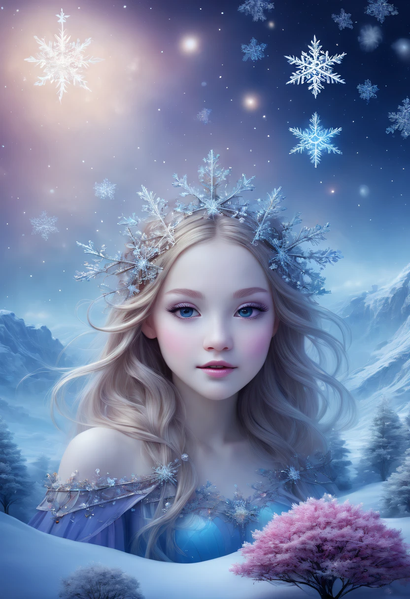 The princess&#39;s face appears in the air，winter landscape，Surreal wonderland，Dreamy cloud and fairy island，(Big snowflakes:1.3)，Colorful big snowflakes are flying，A princess&#39;The palace is covered with snow，The tree of life blooms with endless vitality，Twinkling stars in the night sky，Overlapping clouds and fog，Whimsical fantasy landscape art, Beautiful Art Ultra HD 8K, 8K highly detailed digital art, beautiful detailed fantasy, epic dreamlike fantasy landscape, Mysterious and dreamy scenery, Magic fantasy is very detailed, magical scenery, Made up of big snowflakes and dreamy floating fairy islands, detailed fantasy digital art, 8K detailed digital art