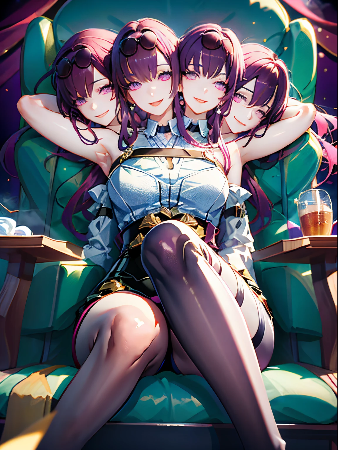 (masterpiece, best quality), best resolution, (3heads:1.5), 1girl, kafka, dark purple hair, long hair, sitting down, (legs crossed:1.1), throne, dynamic angle, :D, (wide hips:1.3), (thick thighs:1.3), smile, looking at viewer