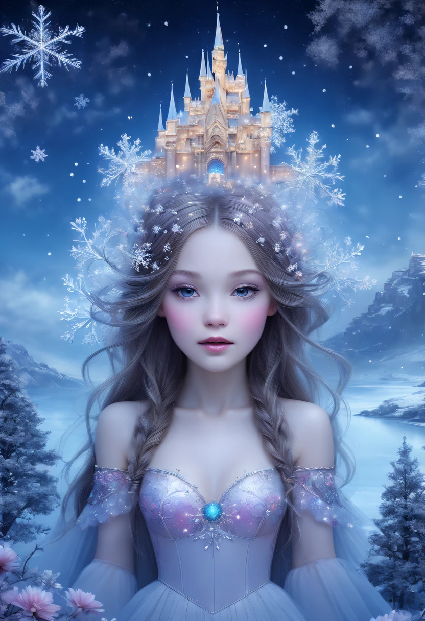 The princess&#39;s face appears in the air，winter landscape，Surreal wonderland，Dreamy cloud and fairy island，(Big snowflakes:1.3)，Colorful big snowflakes are flying，A princess&#39;The palace is covered with snow，The tree of life blooms with endless vitality，Twinkling stars in the night sky，Overlapping clouds and fog，Whimsical fantasy landscape art, Beautiful Art Ultra HD 8K, 8K highly detailed digital art, beautiful detailed fantasy, epic dreamlike fantasy landscape, Mysterious and dreamy scenery, Magic fantasy is very detailed, magical scenery, Made up of big snowflakes and dreamy floating fairy islands, detailed fantasy digital art, 8K detailed digital art