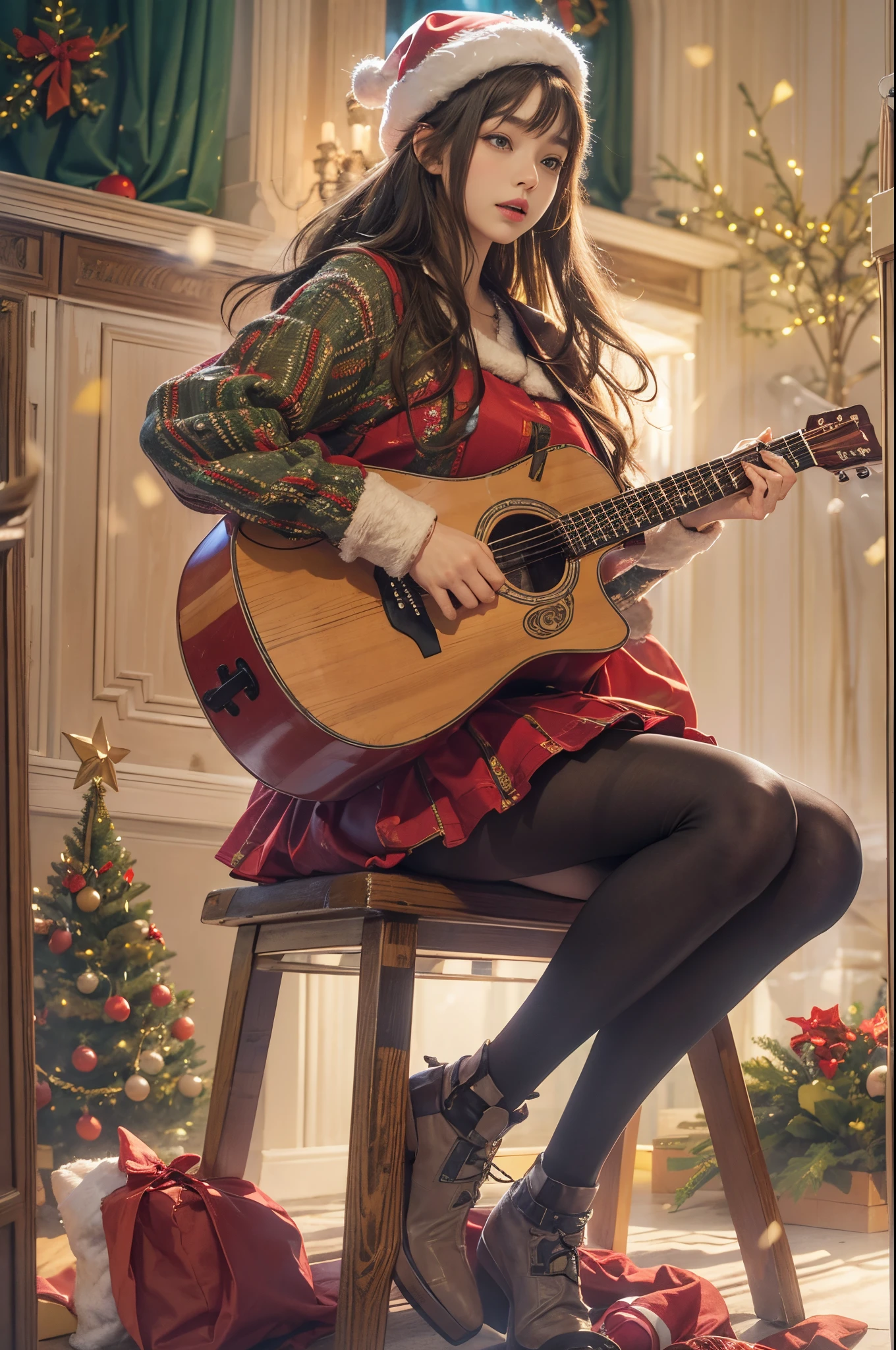 woman sitting and playing guitar、28 year old、brunette disheveled hair、precision 6 string acoustic guitar:1.2、Anatomically correct fingers、acoustic guitar、1 guitar only、Please look straight ahead and sing、(Turn your face forward:1.2)、Christmas、santa girl costume、a miniskirt