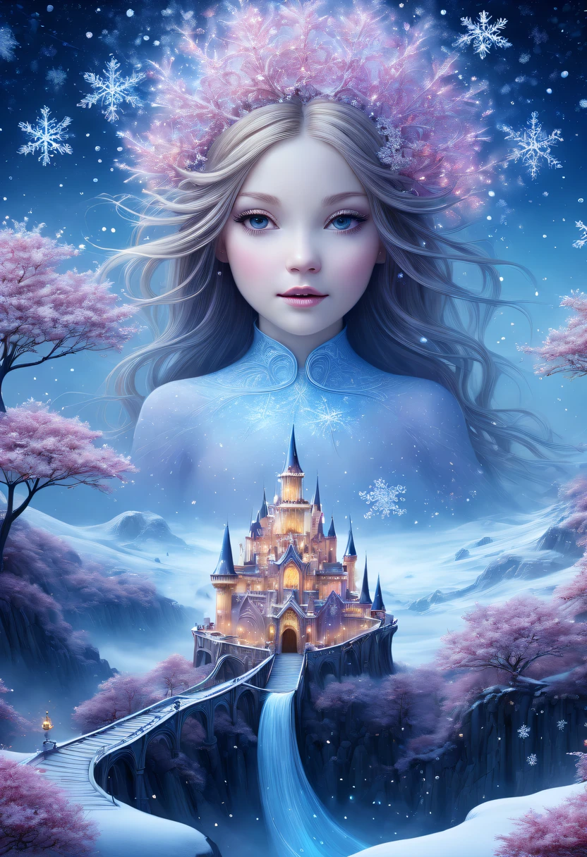 The princess&#39;s face appears in the air，winter landscape，Surreal wonderland，Dreamy cloud and fairy island，(Big snowflakes:1.3)，Colorful big snowflakes are flying，A princess&#39;The palace is covered with snow，The tree of life blooms with endless vitality，Twinkling stars in the night sky，Overlapping clouds and fog，Whimsical fantasy landscape art, Beautiful Art Ultra HD 8K, 8K highly detailed digital art, beautiful detailed fantasy, epic dreamlike fantasy landscape, Mysterious and dreamy scenery, Magic fantasy is very detailed, magical scenery, Made up of big snowflakes and dreamy floating fairy islands, detailed fantasy digital art, 8K detailed digital art