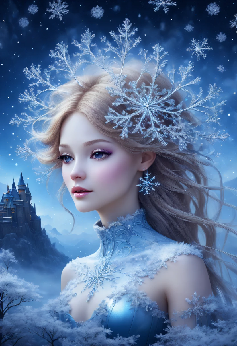 The princess's face appears in the air,winter landscape,Surreal wonderland,Dreamy cloud and fairy island,(Big snowflakes:1.3),Colorful big snowflakes are flying,A princess'The palace is covered with snow,The tree of life blooms with endless vitality,Twinkling stars in the night sky,Overlapping clouds and fog,Whimsical fantasy landscape art, Beautiful Art Ultra HD 8K, 8K highly detailed digital art, beautiful detailed fantasy, epic dreamlike fantasy landscape, Mysterious and dreamy scenery, Magic fantasy is very detailed, magical scenery, Made up of big snowflakes and dreamy floating fairy islands, detailed fantasy digital art, 8K detailed digital art