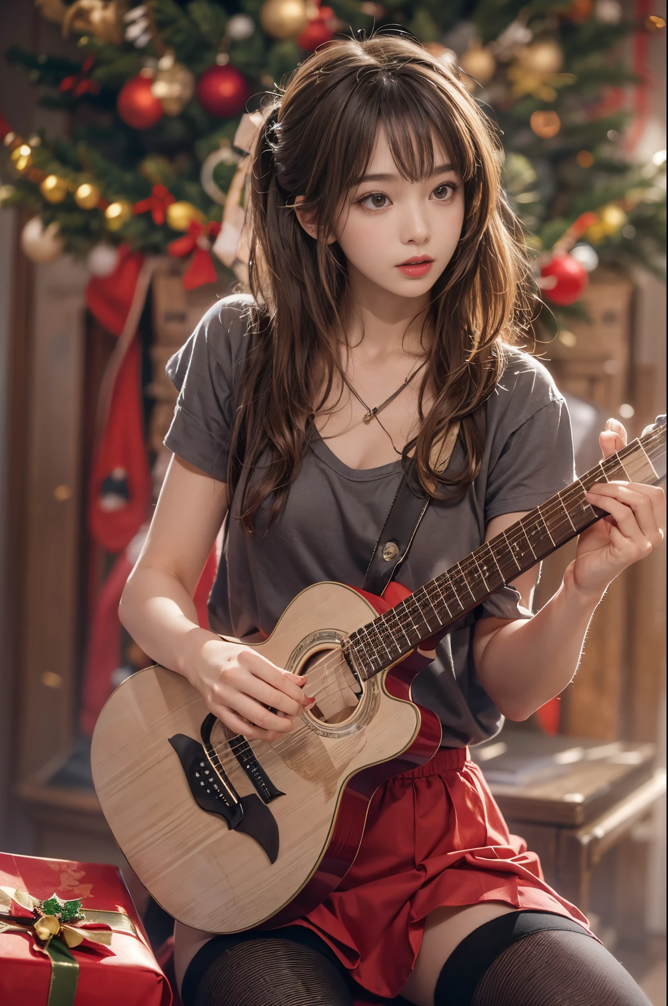 woman sitting and playing guitar、28 year old、brunette disheveled hair、precision 6 string acoustic guitar:1.2、Anatomically correct fingers、acoustic guitar、1 guitar only、Please look straight ahead and sing、(Turn your face forward:1.2)、Christmas、santa girl costume、a miniskirt