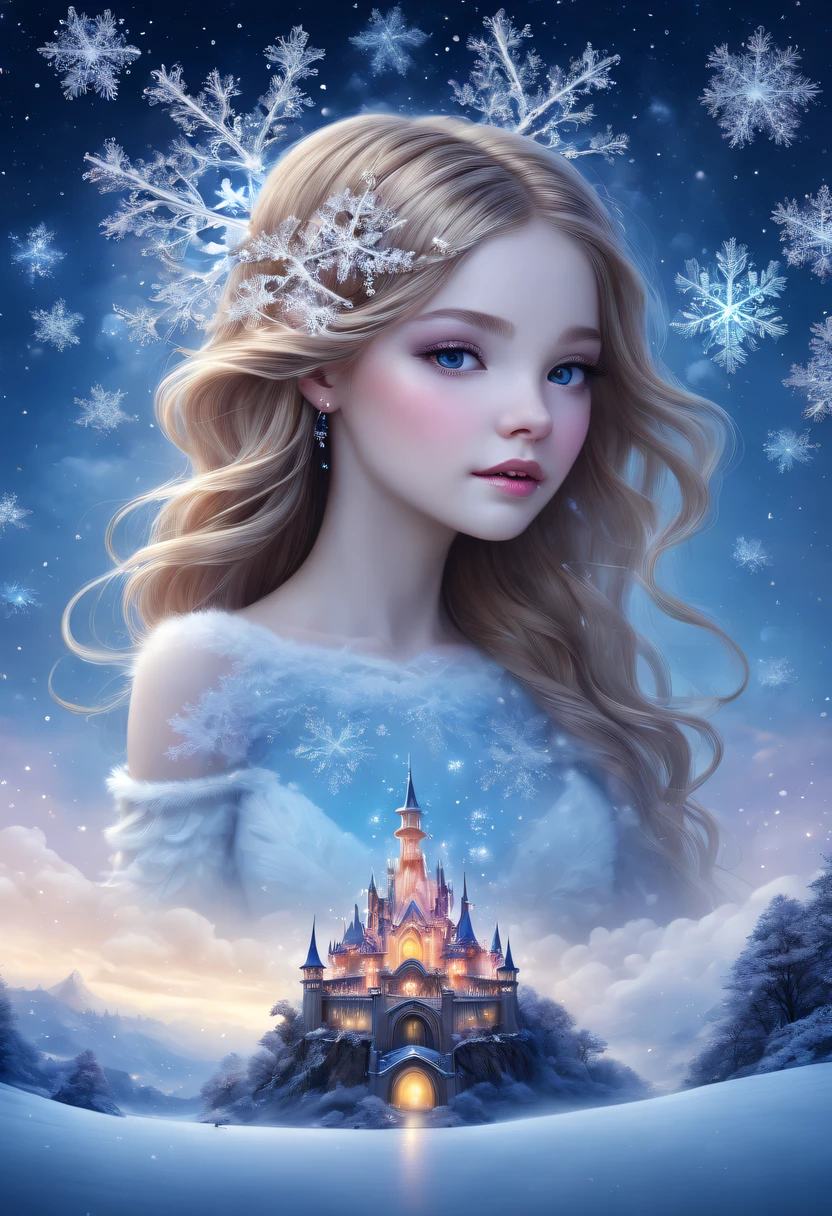The princess's face appears in the air,winter landscape,Surreal wonderland,Dreamy cloud and fairy island,(Big snowflakes:1.3),Colorful big snowflakes are flying,A princess'The palace is covered with snow,The tree of life blooms with endless vitality,Twinkling stars in the night sky,Overlapping clouds and fog,Whimsical fantasy landscape art, Beautiful Art Ultra HD 8K, 8K highly detailed digital art, beautiful detailed fantasy, epic dreamlike fantasy landscape, Mysterious and dreamy scenery, Magic fantasy is very detailed, magical scenery, Made up of big snowflakes and dreamy floating fairy islands, detailed fantasy digital art, 8K detailed digital art