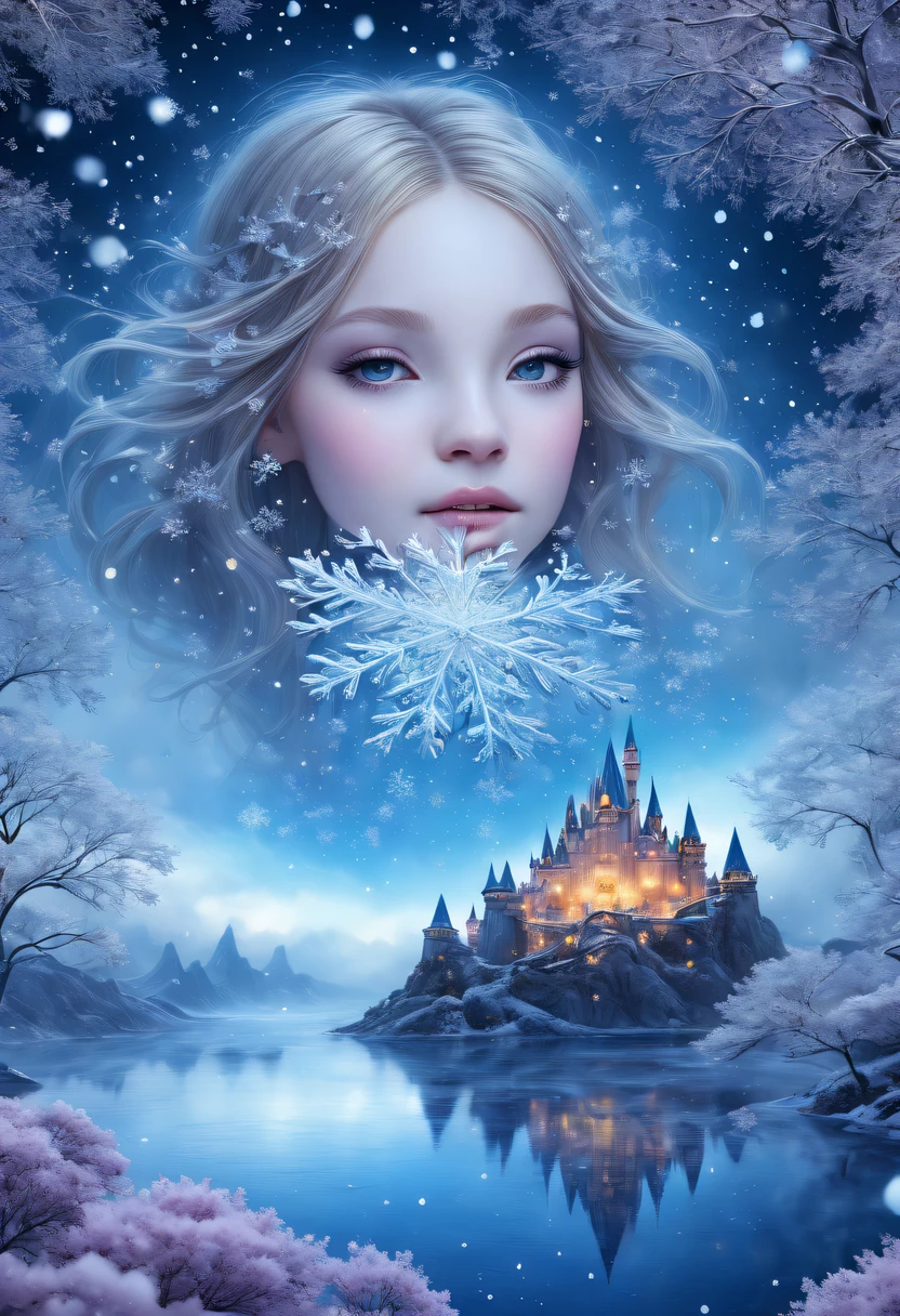 The princess&#39;s face appears in the air，winter landscape，Surreal wonderland，Dreamy cloud and fairy island，(Big snowflakes:1.3)，Colorful big snowflakes are flying，A princess&#39;The palace is covered with snow，The tree of life blooms with endless vitality，Twinkling stars in the night sky，Overlapping clouds and fog，Whimsical fantasy landscape art, Beautiful Art Ultra HD 8K, 8K highly detailed digital art, beautiful detailed fantasy, epic dreamlike fantasy landscape, Mysterious and dreamy scenery, Magic fantasy is very detailed, magical scenery, Made up of big snowflakes and dreamy floating fairy islands, detailed fantasy digital art, 8K detailed digital art
