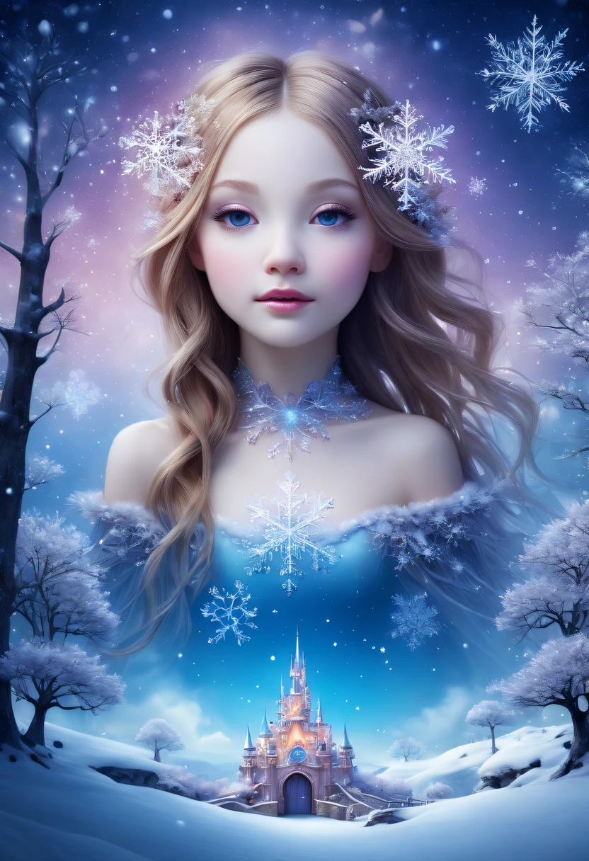 The princess&#39;s face appears in the air，(multiple exposure:1.5),winter landscape，Surreal wonderland，Dreamy cloud and fairy island，Big snowflakes，Colorful big snowflakes are flying，A princess&#39;The palace is covered with snow，The tree of life blooms with endless vitality，Twinkling stars in the night sky，Overlapping clouds and fog，Whimsical fantasy landscape art, Beautiful Art Ultra HD 8K, 8K highly detailed digital art, beautiful detailed fantasy, epic dreamlike fantasy landscape, Mysterious and dreamy scenery, Magic fantasy is very detailed, magical scenery, composed...consist of ,  and Snow Fantasy Floating Fairy Island, detailed fantasy digital art, 8K detailed digital art