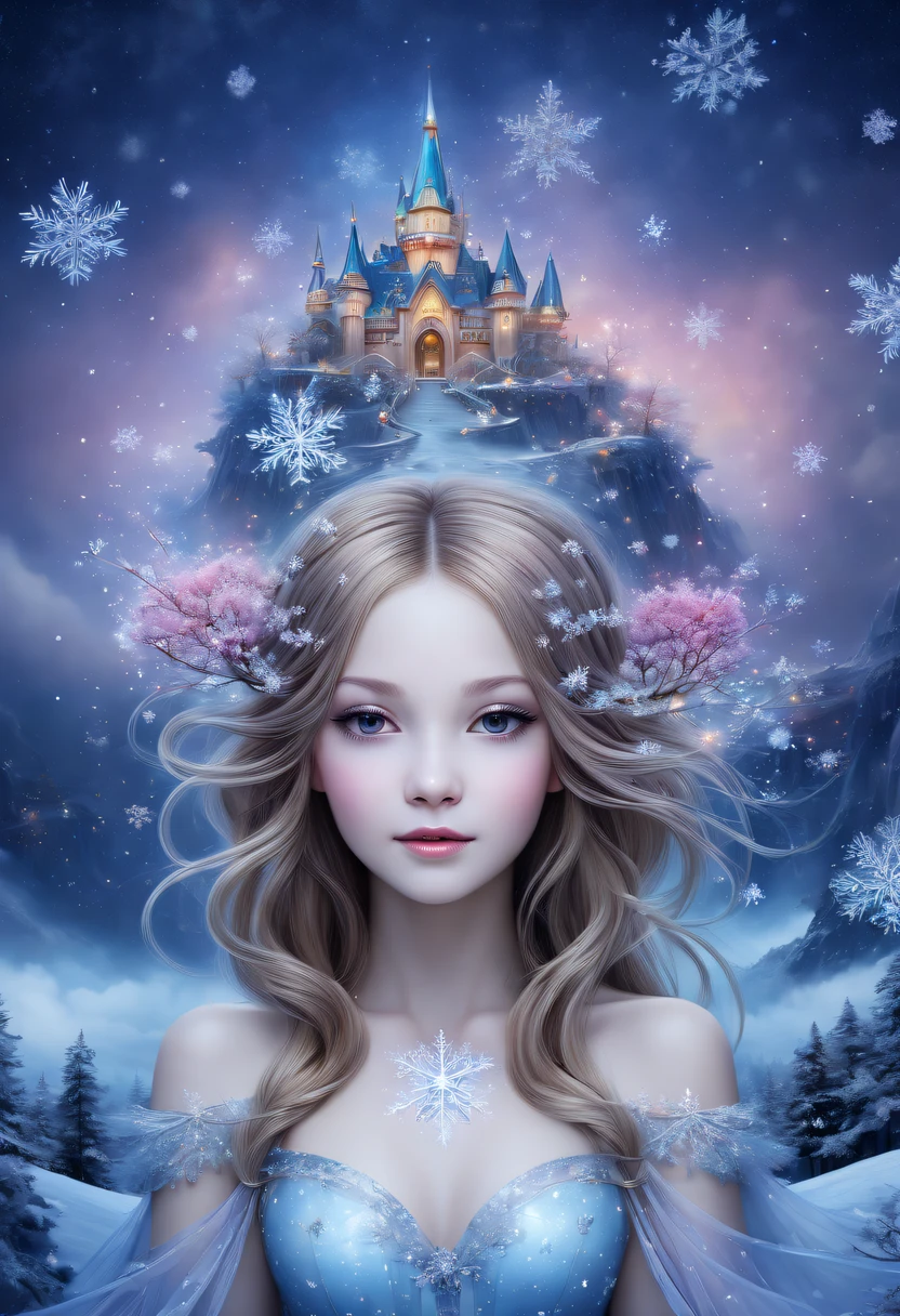 The princess's face appears in the air,winter landscape,Surreal wonderland,Dreamy cloud and fairy island,(Big snowflakes:1.3),Colorful big snowflakes are flying,A princess'The palace is covered with snow,The tree of life blooms with endless vitality,Twinkling stars in the night sky,Overlapping clouds and fog,Whimsical fantasy landscape art, Beautiful Art Ultra HD 8K, 8K highly detailed digital art, beautiful detailed fantasy, epic dreamlike fantasy landscape, Mysterious and dreamy scenery, Magic fantasy is very detailed, magical scenery, Made up of big snowflakes and dreamy floating fairy islands, detailed fantasy digital art, 8K detailed digital art