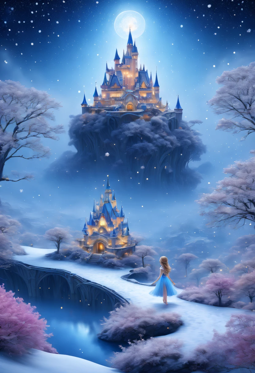 The princess&#39;s face appears in the air，winter landscape，Surreal wonderland，Dreamy cloud and fairy island，(Big snowflakes:1.3)，Colorful big snowflakes are flying，A princess&#39;The palace is covered with snow，The tree of life blooms with endless vitality，Twinkling stars in the night sky，Overlapping clouds and fog，Whimsical fantasy landscape art, Beautiful Art Ultra HD 8K, 8K highly detailed digital art, beautiful detailed fantasy, epic dreamlike fantasy landscape, Mysterious and dreamy scenery, Magic fantasy is very detailed, magical scenery, Made up of big snowflakes and dreamy floating fairy islands, detailed fantasy digital art, 8K detailed digital art