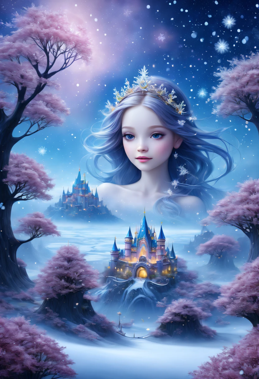 The princess&#39;s face appears in the air，winter landscape，Surreal wonderland，Dreamy cloud and fairy island，(Big snowflakes:1.3)，Colorful big snowflakes are flying，A princess&#39;The palace is covered with snow，The tree of life blooms with endless vitality，Twinkling stars in the night sky，Overlapping clouds and fog，Whimsical fantasy landscape art, Beautiful Art Ultra HD 8K, 8K highly detailed digital art, beautiful detailed fantasy, epic dreamlike fantasy landscape, Mysterious and dreamy scenery, Magic fantasy is very detailed, magical scenery, Made up of big snowflakes and dreamy floating fairy islands, detailed fantasy digital art, 8K detailed digital art