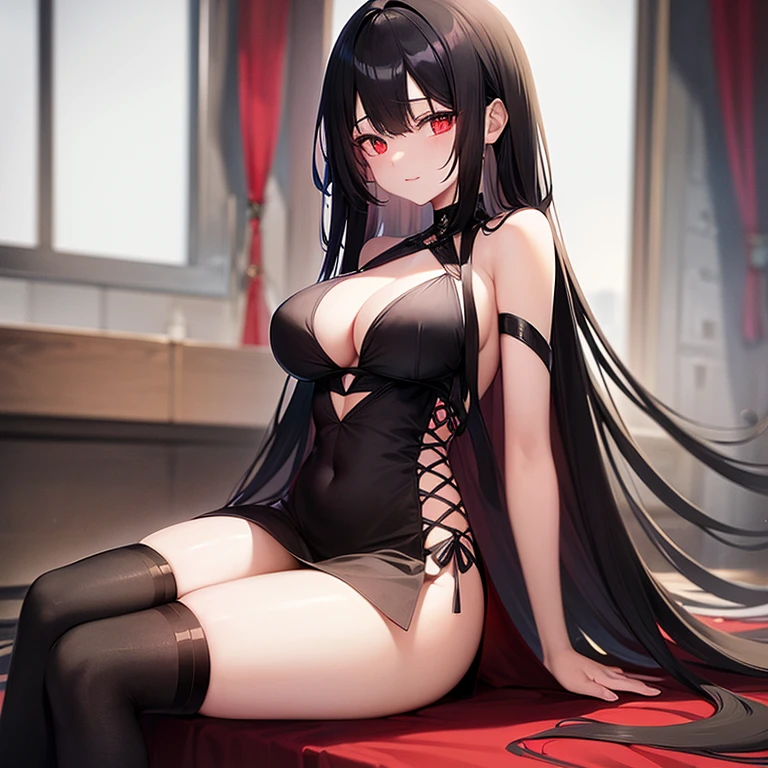 Long hair, black hair, red eyes, revealing outfit, black transparent lingerie, seductive sitting position, big breasts