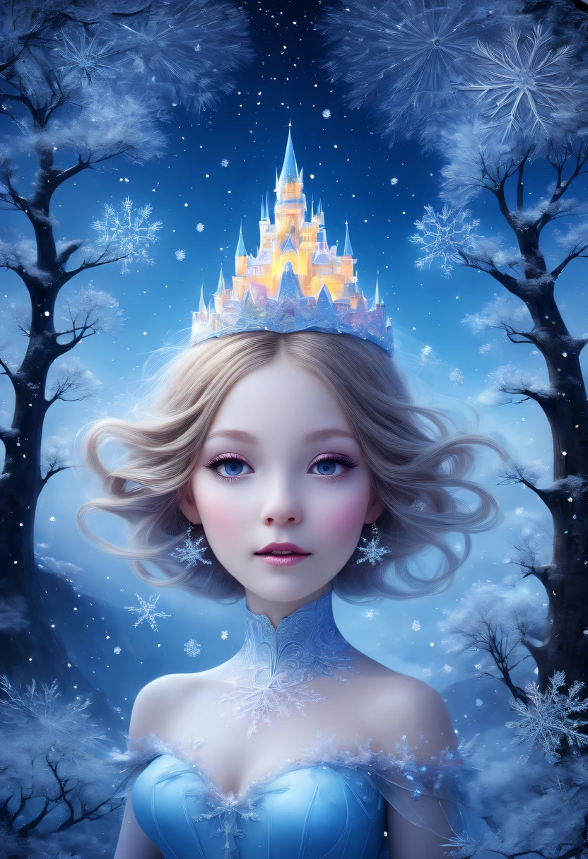 The princess&#39;s face appears in the air，winter landscape，Surreal wonderland，Dreamy cloud and fairy island，(Big snowflakes:1.3)，Colorful big snowflakes are flying，A princess&#39;The palace is covered with snow，The tree of life blooms with endless vitality，Twinkling stars in the night sky，Overlapping clouds and fog，Whimsical fantasy landscape art, Beautiful Art Ultra HD 8K, 8K highly detailed digital art, beautiful detailed fantasy, epic dreamlike fantasy landscape, Mysterious and dreamy scenery, Magic fantasy is very detailed, magical scenery, Made up of big snowflakes and dreamy floating fairy islands, detailed fantasy digital art, 8K detailed digital art