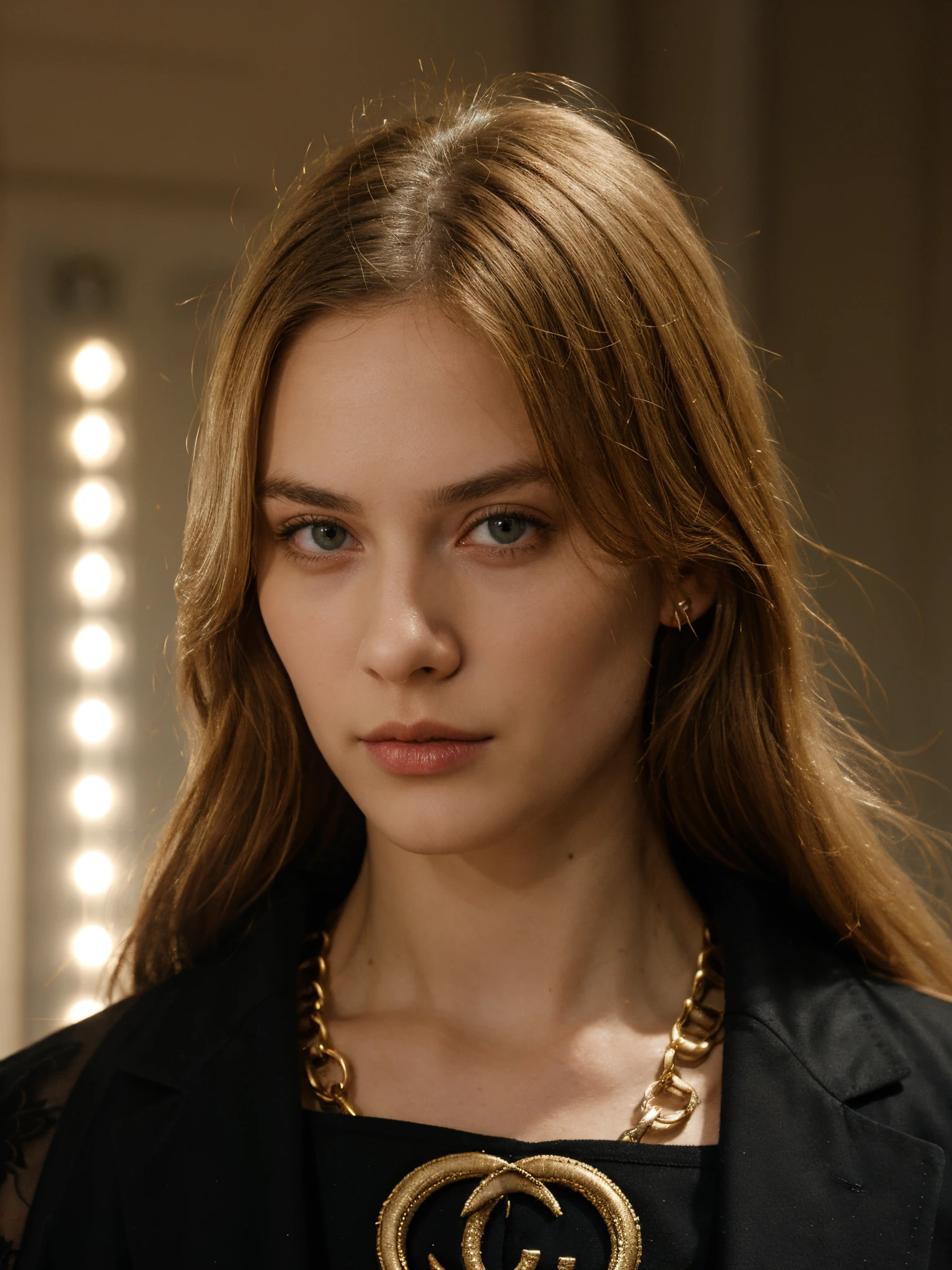 german, beautiful blonde fashion model, (1 male), close-up, angry, ((gucci:1.2)), luxury gold wear, f/w season, in fashion show runway, stage, anamorphic lens flare, photorealistic, cinematic lighting, dark atmosphere, volumetric lighting, action pose, epic scene, gucci advertising, gucci campaign