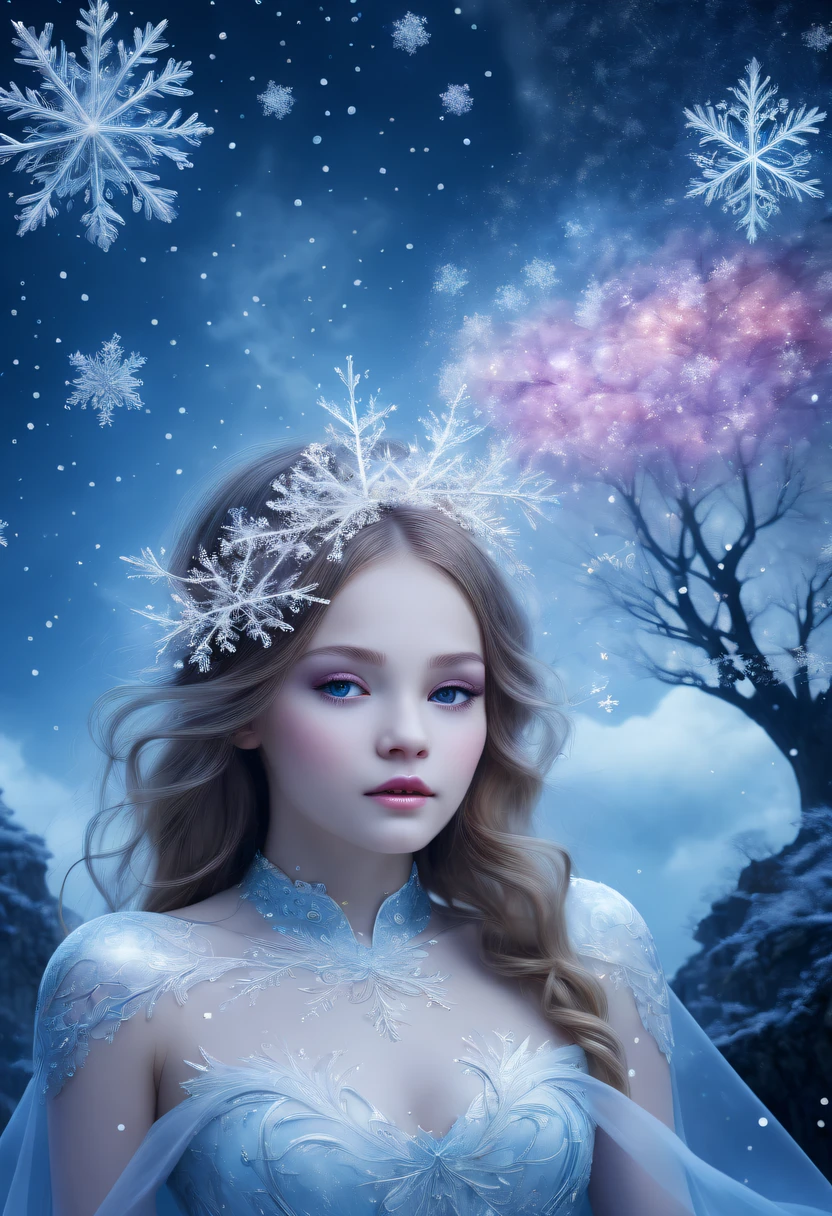 The princess&#39;s face appears in the air，(multiple exposure:),winter landscape，Surreal wonderland，Dreamy cloud and fairy island，(Big snowflakes:1.3)，Colorful big snowflakes are flying，A princess&#39;The palace is covered with snow，The tree of life blooms with endless vitality，Twinkling stars in the night sky，Overlapping clouds and fog，Whimsical fantasy landscape art, Beautiful Art Ultra HD 8K, 8K highly detailed digital art, beautiful detailed fantasy, epic dreamlike fantasy landscape, Mysterious and dreamy scenery, Magic fantasy is very detailed, magical scenery, Made up of big snowflakes and dreamy floating fairy islands, detailed fantasy digital art, 8K detailed digital art