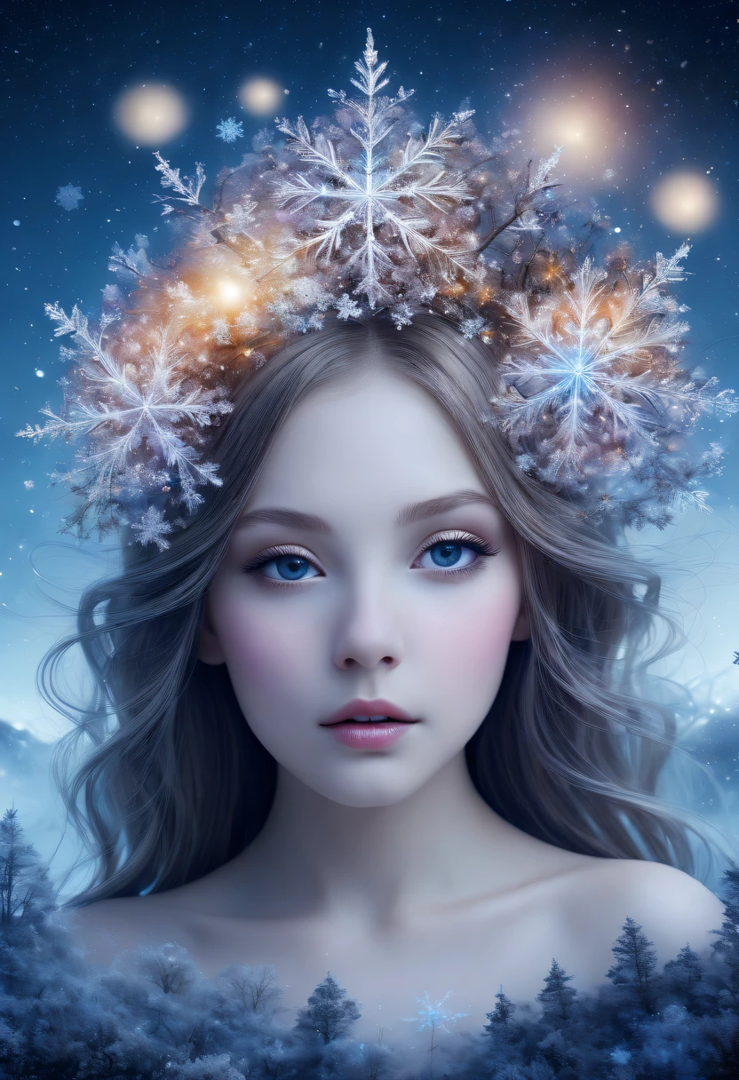 The princess's face appears in the air,(multiple exposure:),winter landscape,Surreal wonderland,Dreamy cloud and fairy island,(Big snowflakes:1.3),Colorful big snowflakes are flying,A princess'The palace is covered with snow,The tree of life blooms with endless vitality,Twinkling stars in the night sky,Overlapping clouds and fog,Whimsical fantasy landscape art, Beautiful Art Ultra HD 8K, 8K highly detailed digital art, beautiful detailed fantasy, epic dreamlike fantasy landscape, Mysterious and dreamy scenery, Magic fantasy is very detailed, magical scenery, Made up of big snowflakes and dreamy floating fairy islands, detailed fantasy digital art, 8K detailed digital art
